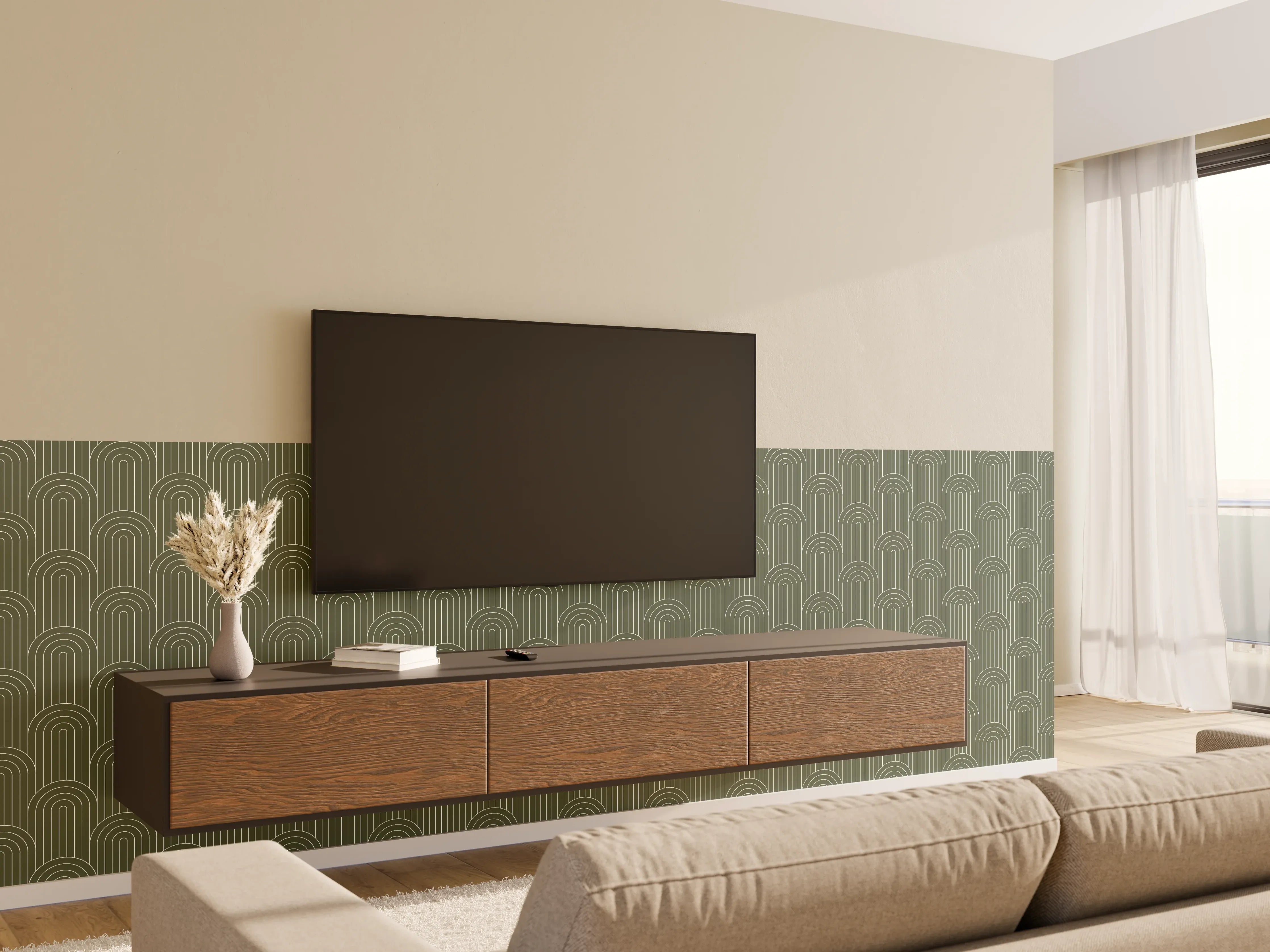 Wandverkleidung Wohnzimmer - Elegantes, geometrisches Muster in Grün