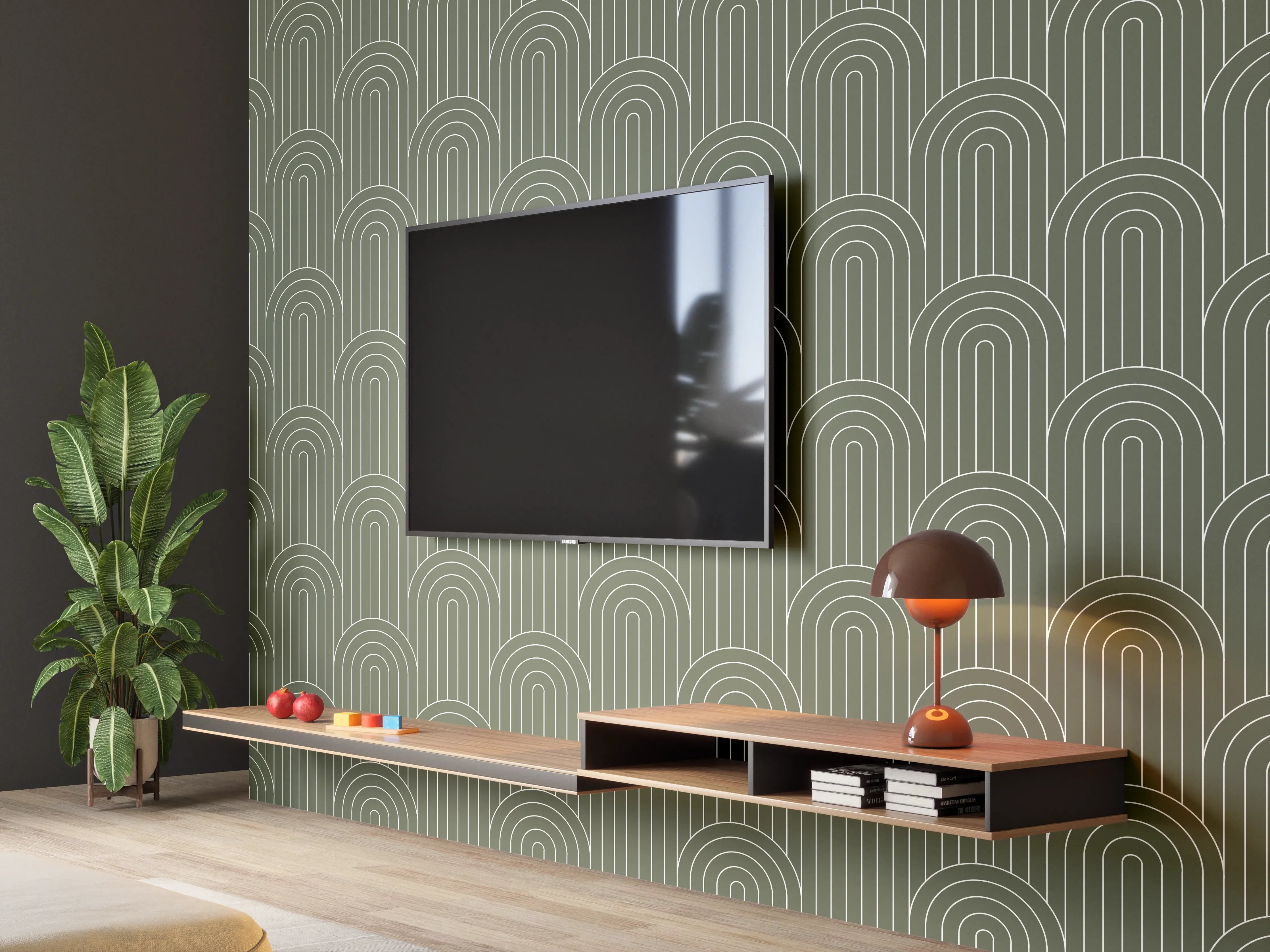 Wandverkleidung Wohnzimmer - Elegantes, geometrisches Muster in Grün