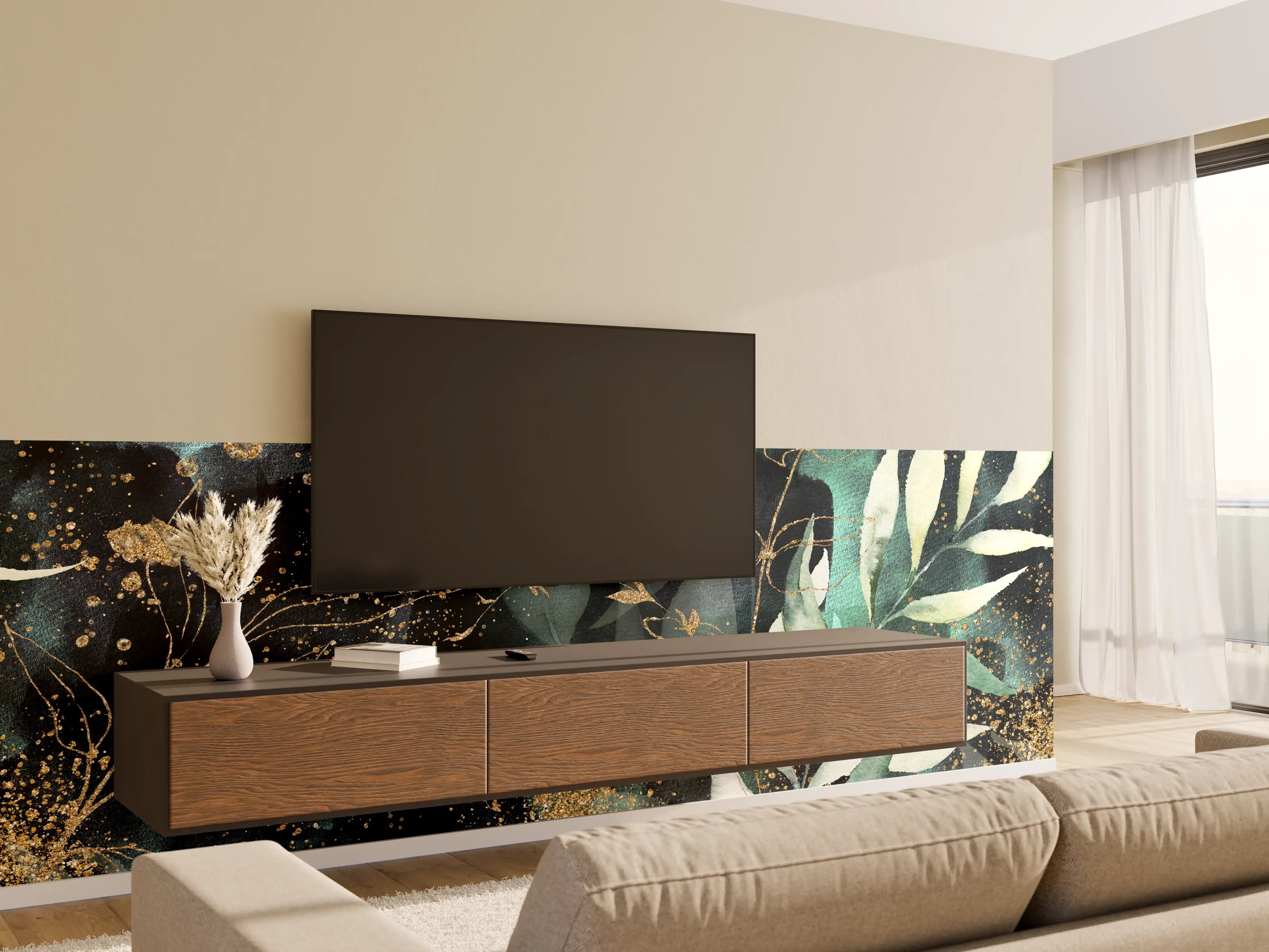 Wandverkleidung Wohnzimmer - Elegantes, naturinspiriertes Design mit Goldakzenten