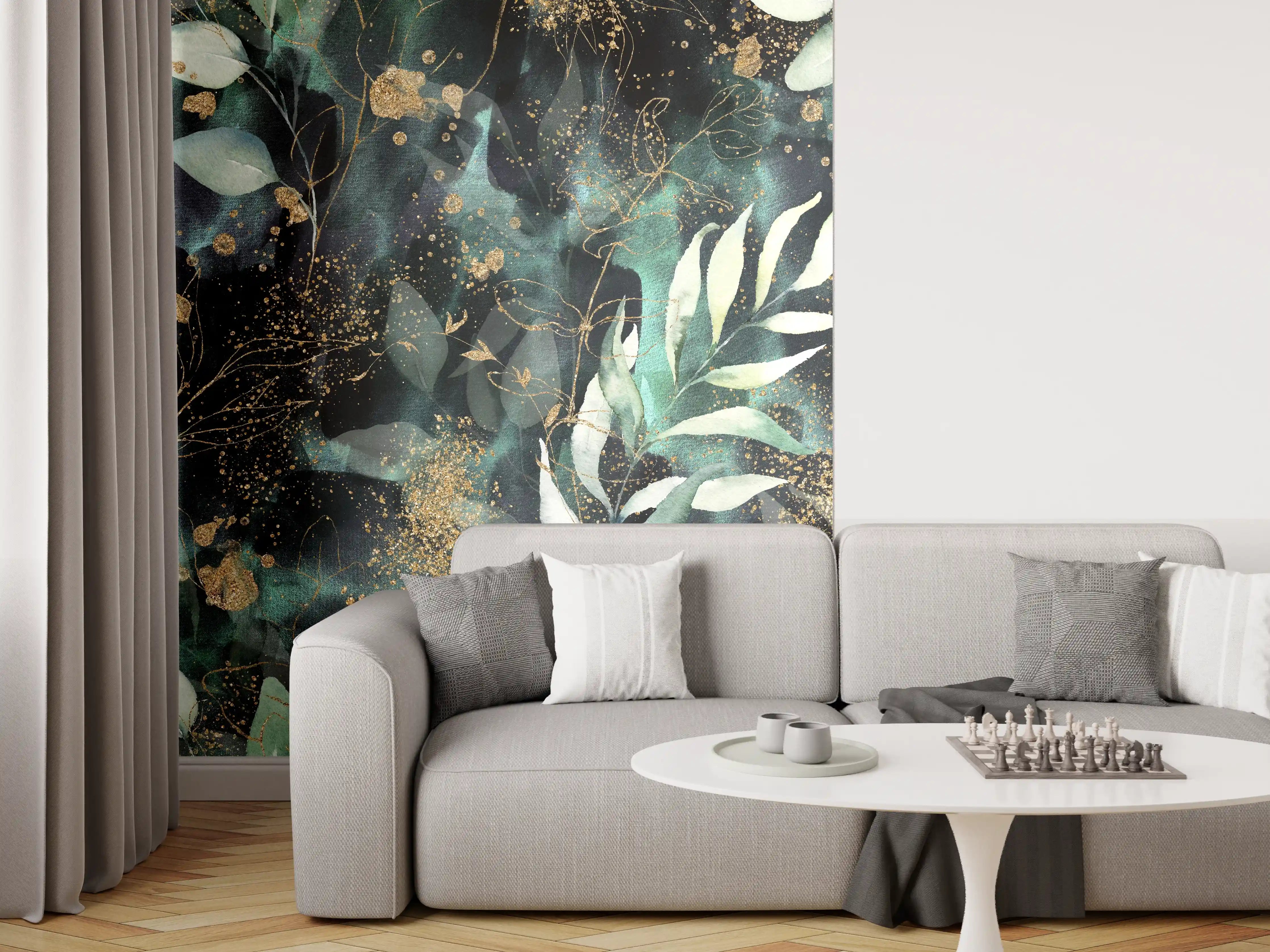 Wandverkleidung Wohnzimmer - Elegantes, naturinspiriertes Design mit Goldakzenten