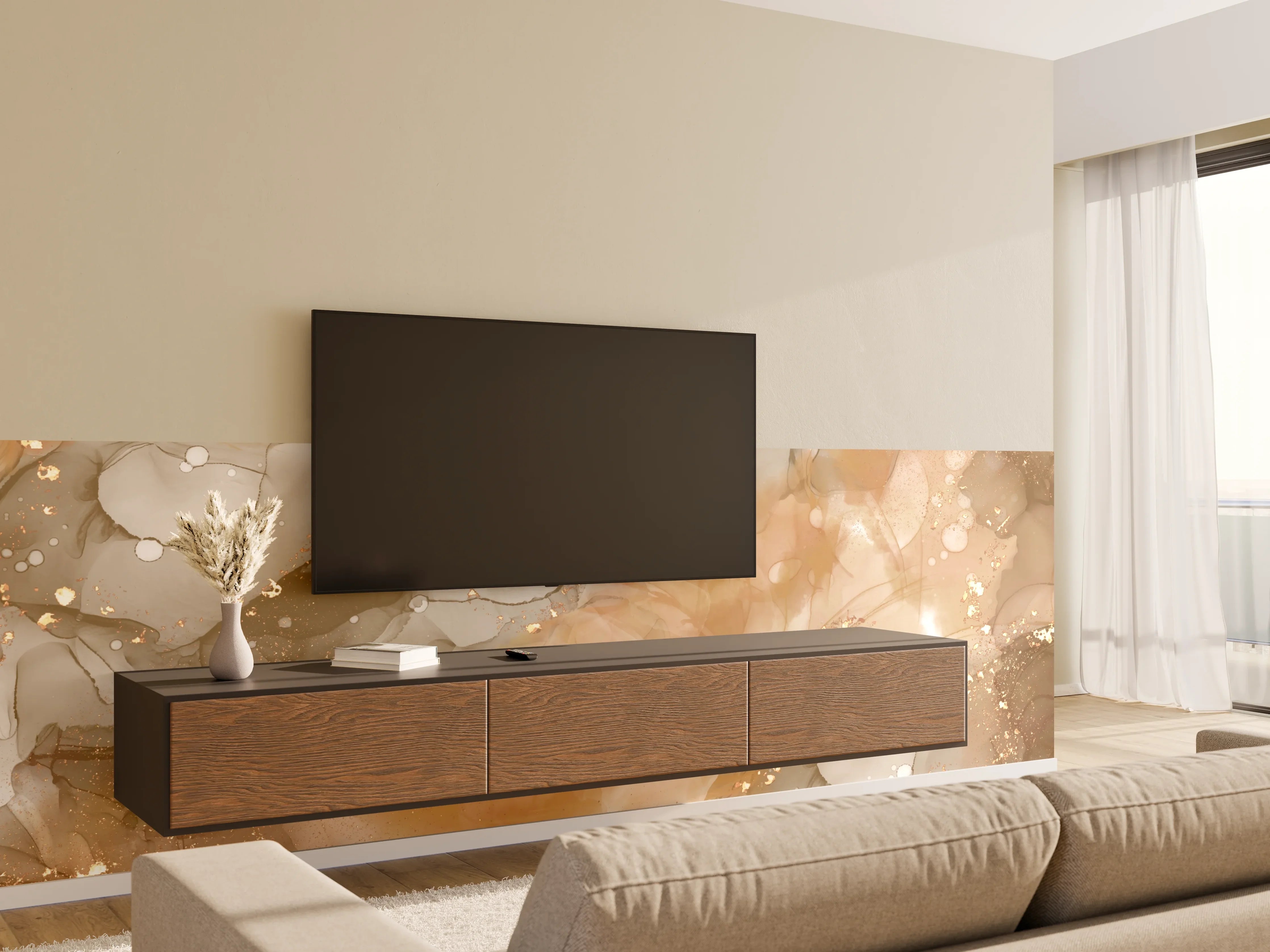 Wandverkleidung Wohnzimmer - Elegantes, warmes abstraktes Kunstwerk