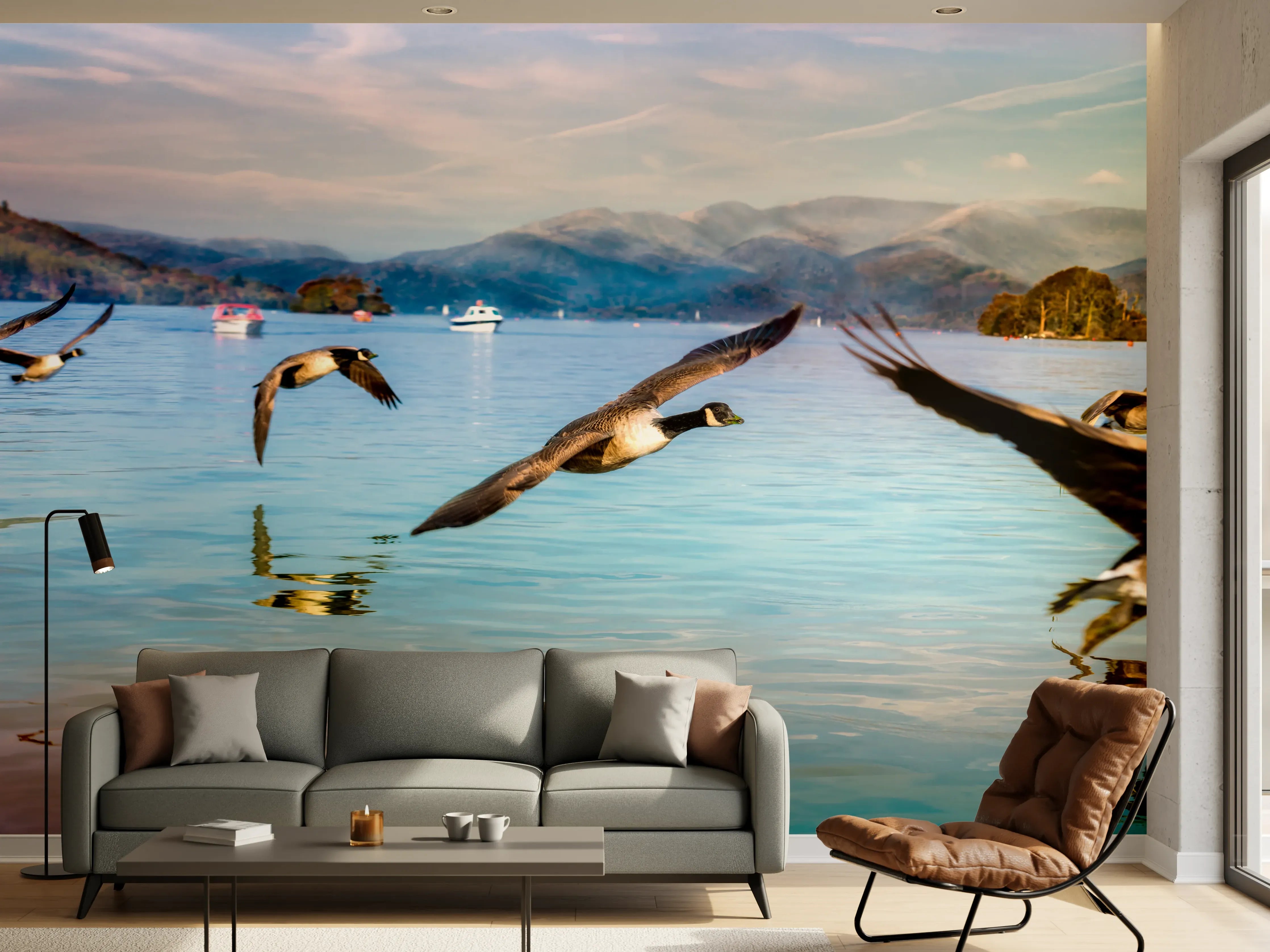 Wandverkleidung Wohnzimmer - Entenschwarm am Lake Windermere