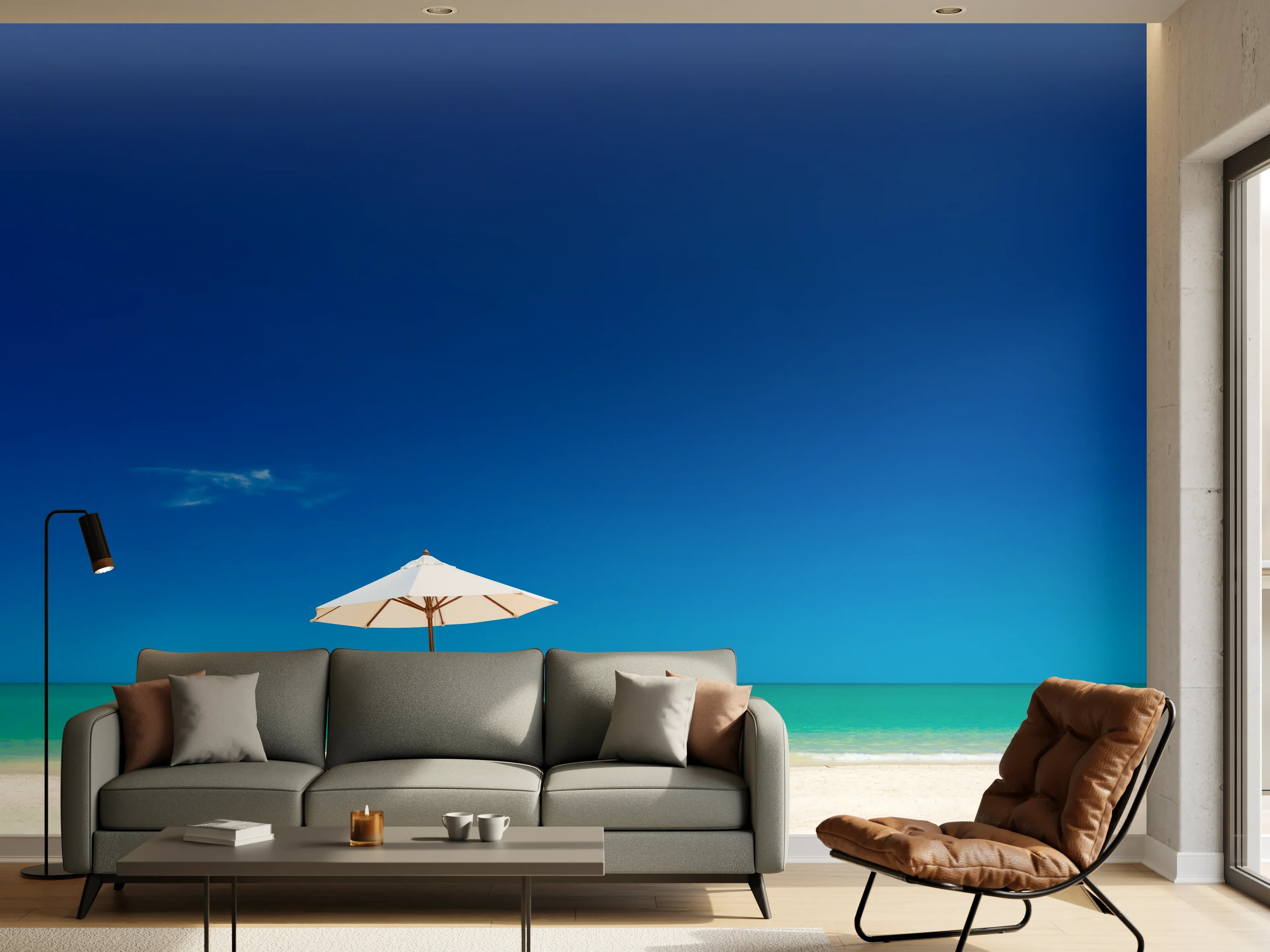 Wandverkleidung Wohnzimmer - Entspannender Strand mit Sonnenschirm