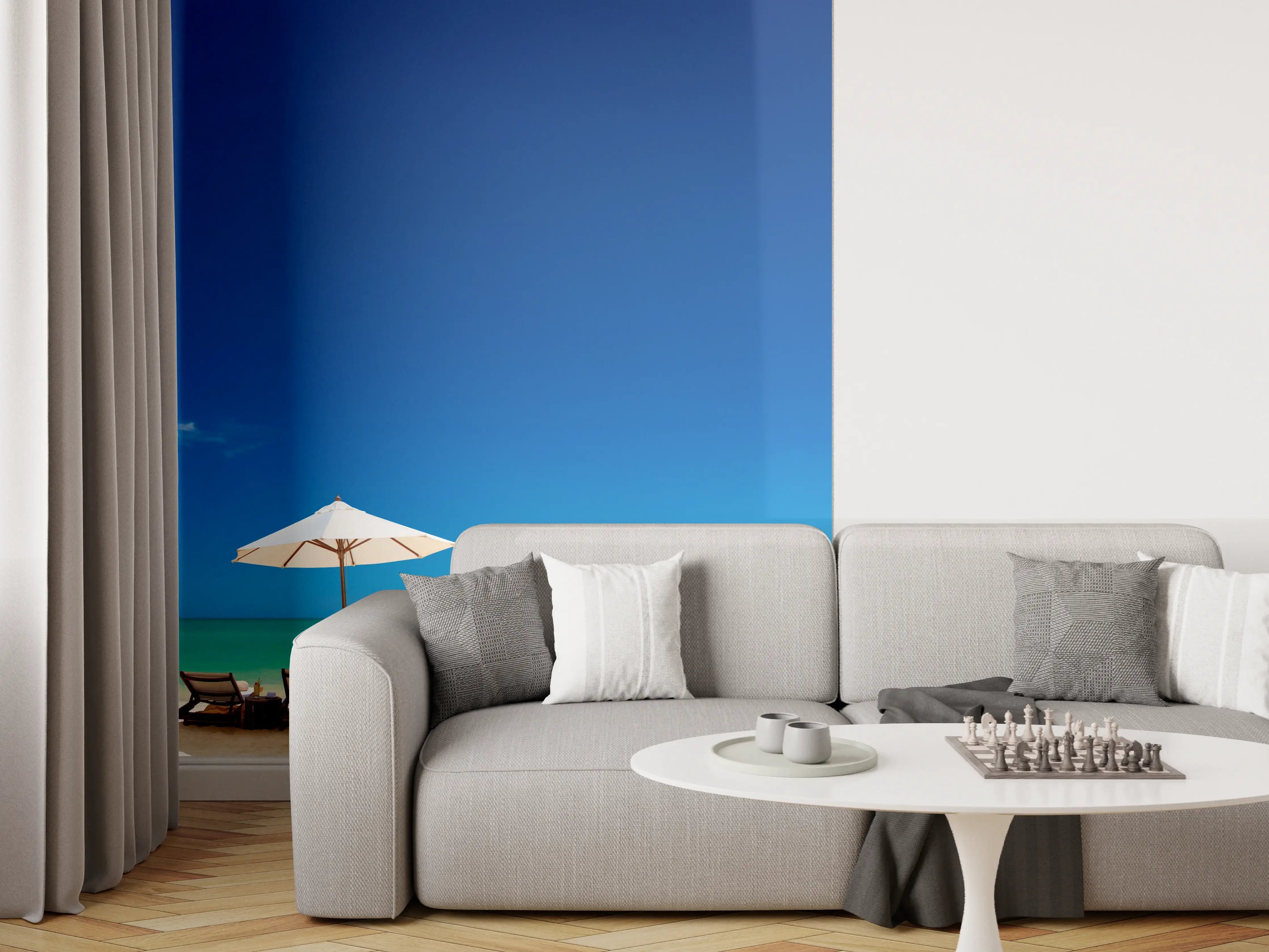 Wandverkleidung Wohnzimmer - Entspannender Strand mit Sonnenschirm