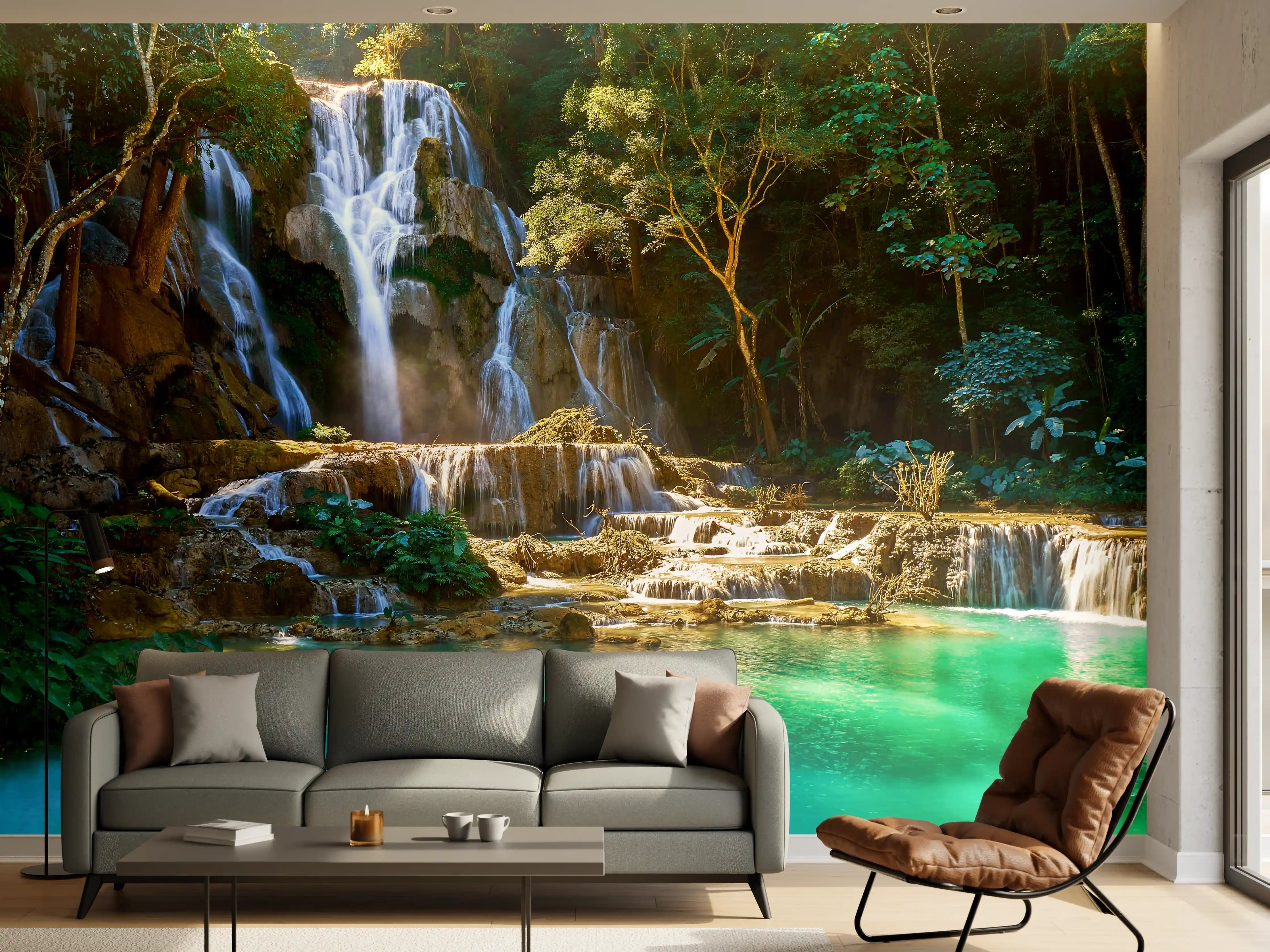 Wandverkleidung Wohnzimmer - Entspannender Wasserfall in der Natur