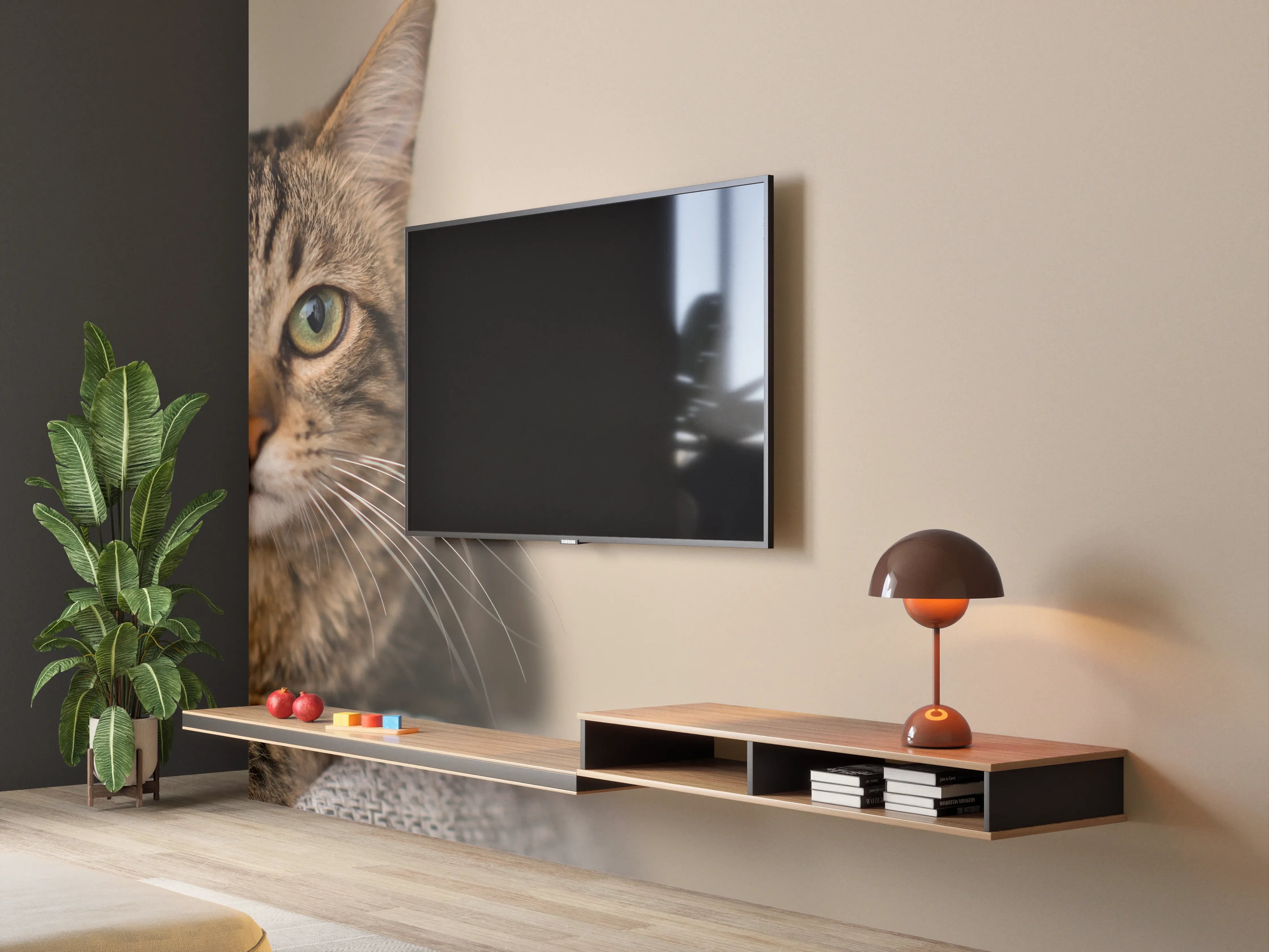 Wandverkleidung Wohnzimmer - Entspannte Hauskatze in Beige-Braun
