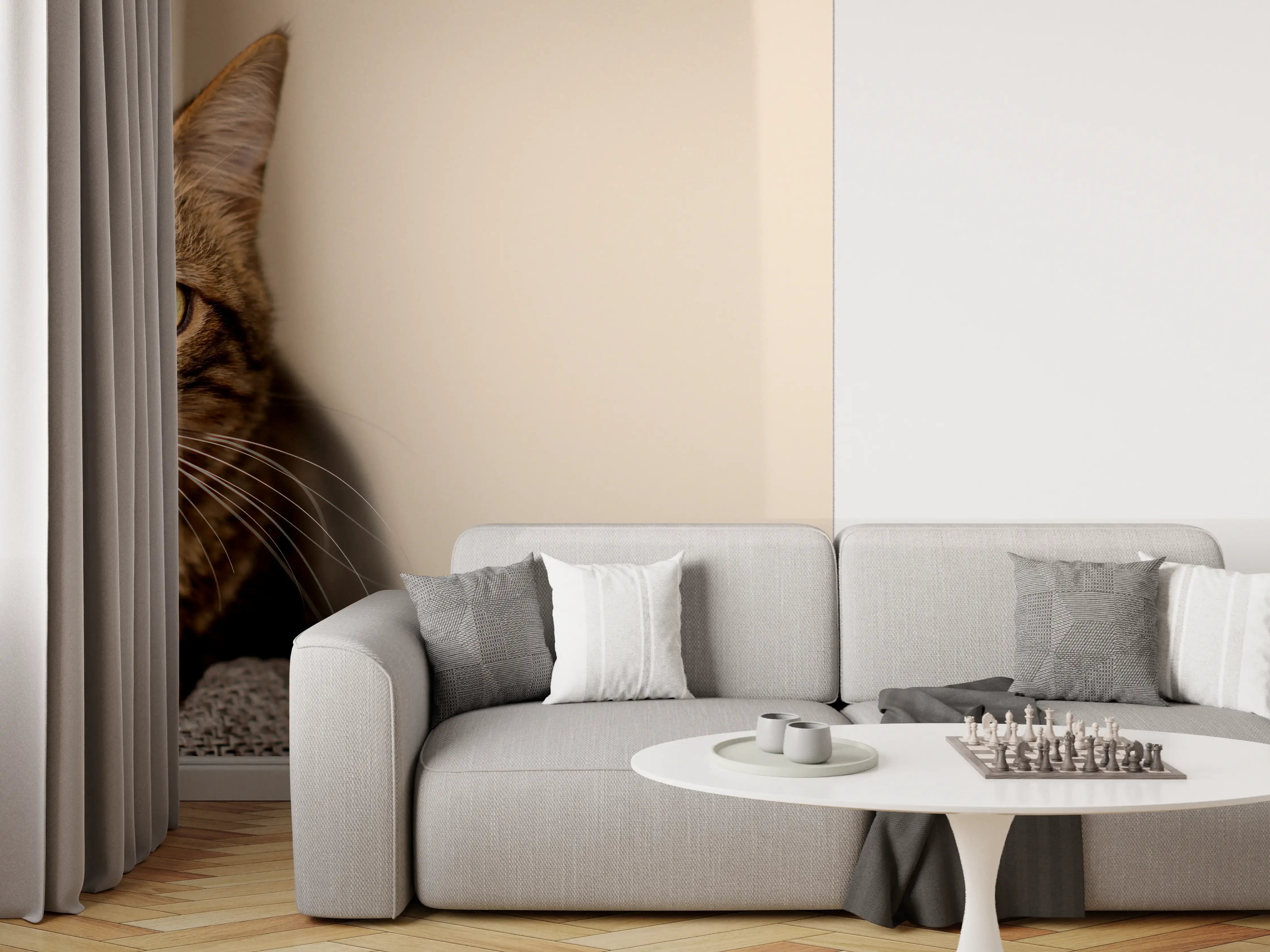 Wandverkleidung Wohnzimmer - Entspannte Hauskatze in Beige-Braun
