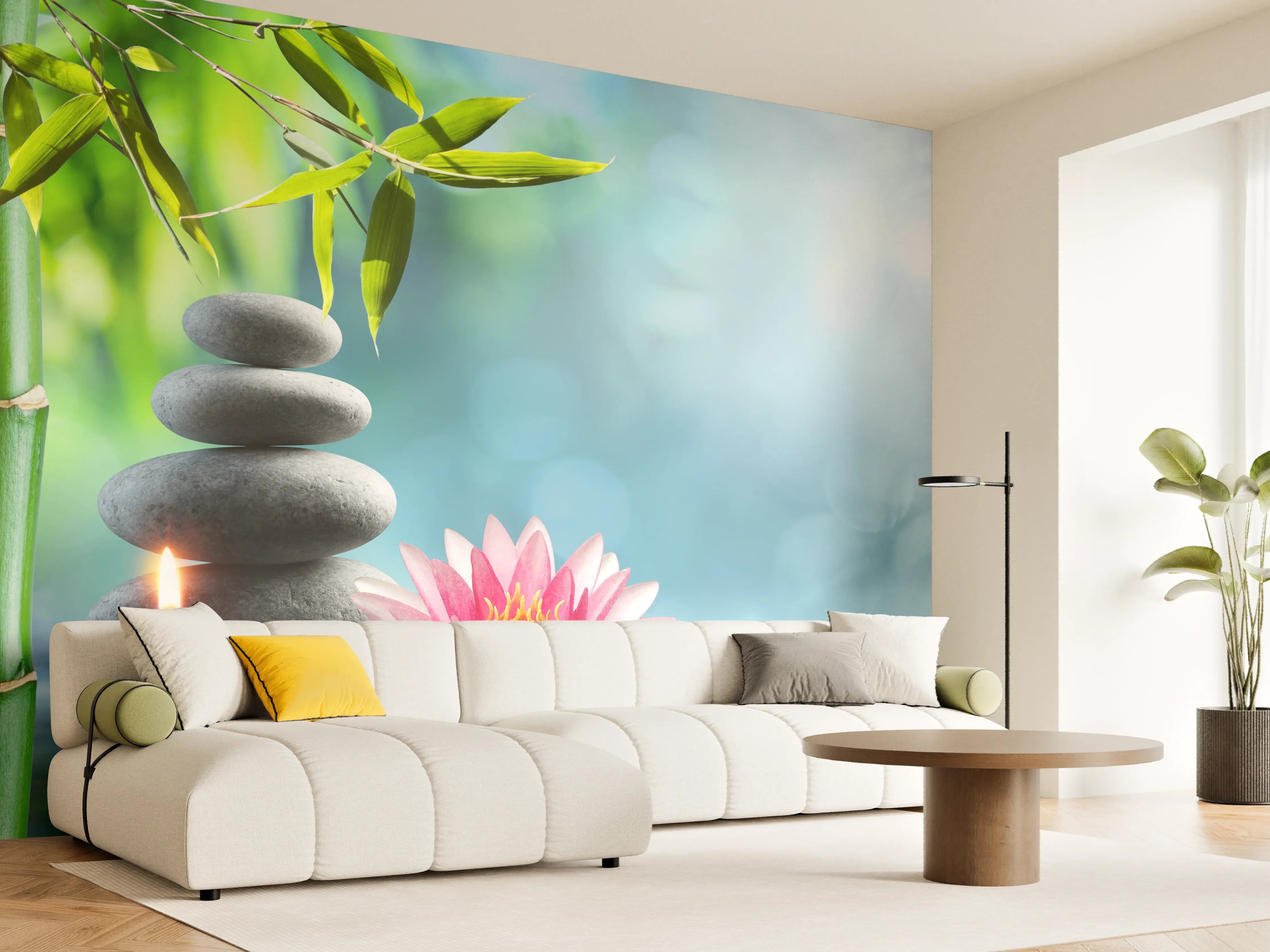 Wandverkleidung Wohnzimmer - Entspannung mit Lotus & Bambus