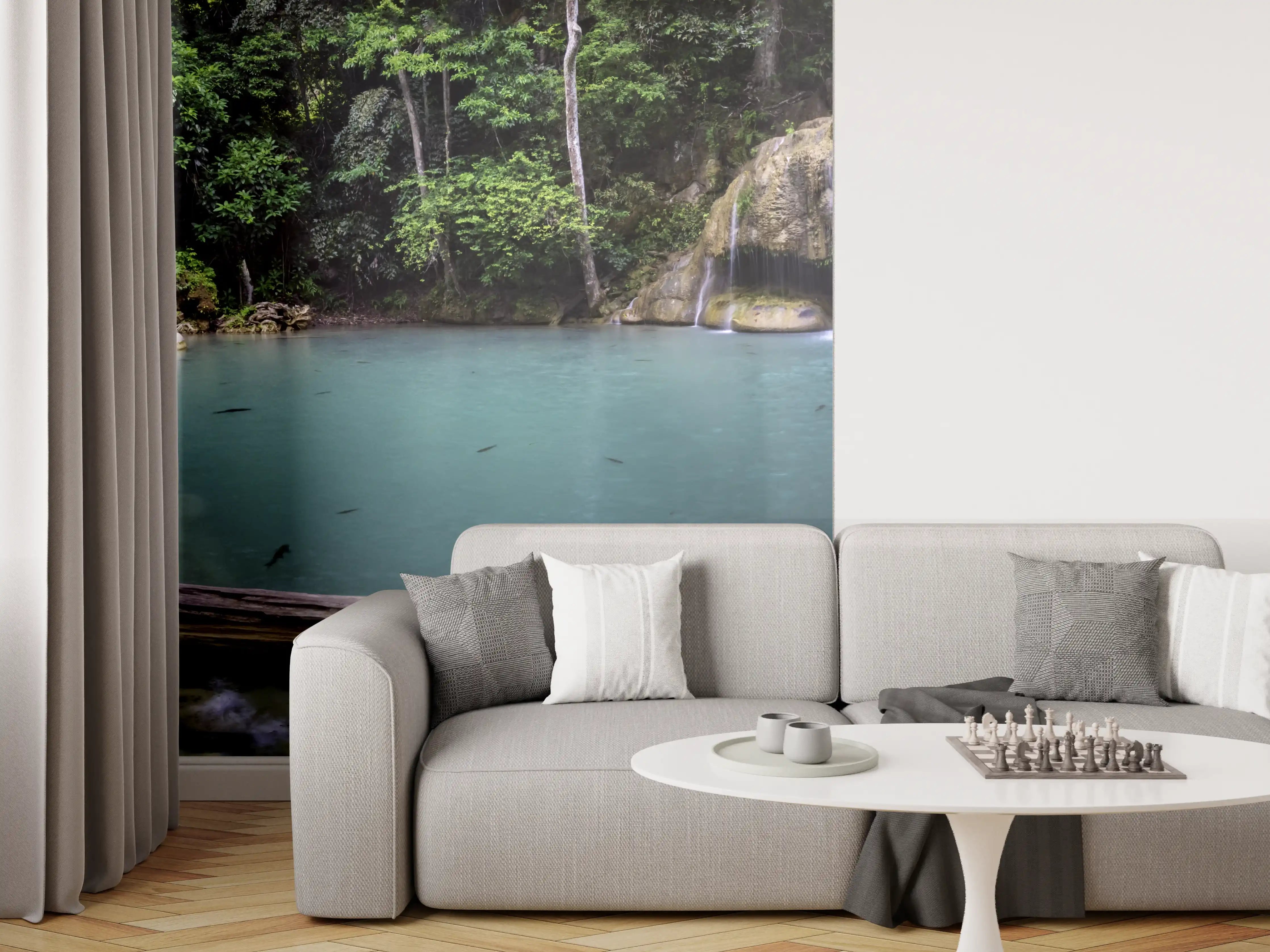 Wandverkleidung Wohnzimmer - Erawan-Wasserfall im tropischen Dschungel Surrou