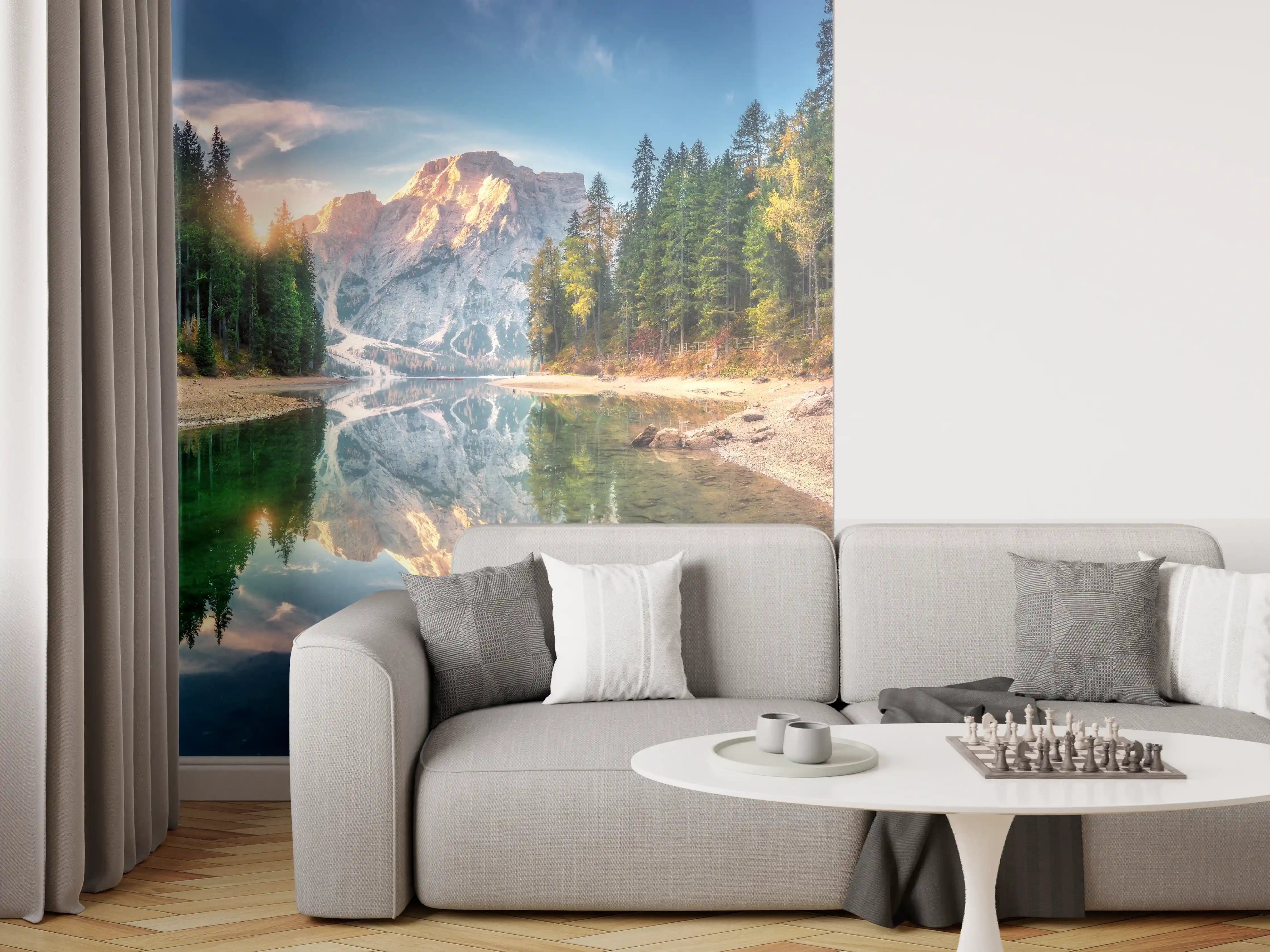 Wandverkleidung Wohnzimmer - Erstaunlicher Pragser Wildsee bei Sonnenaufgang