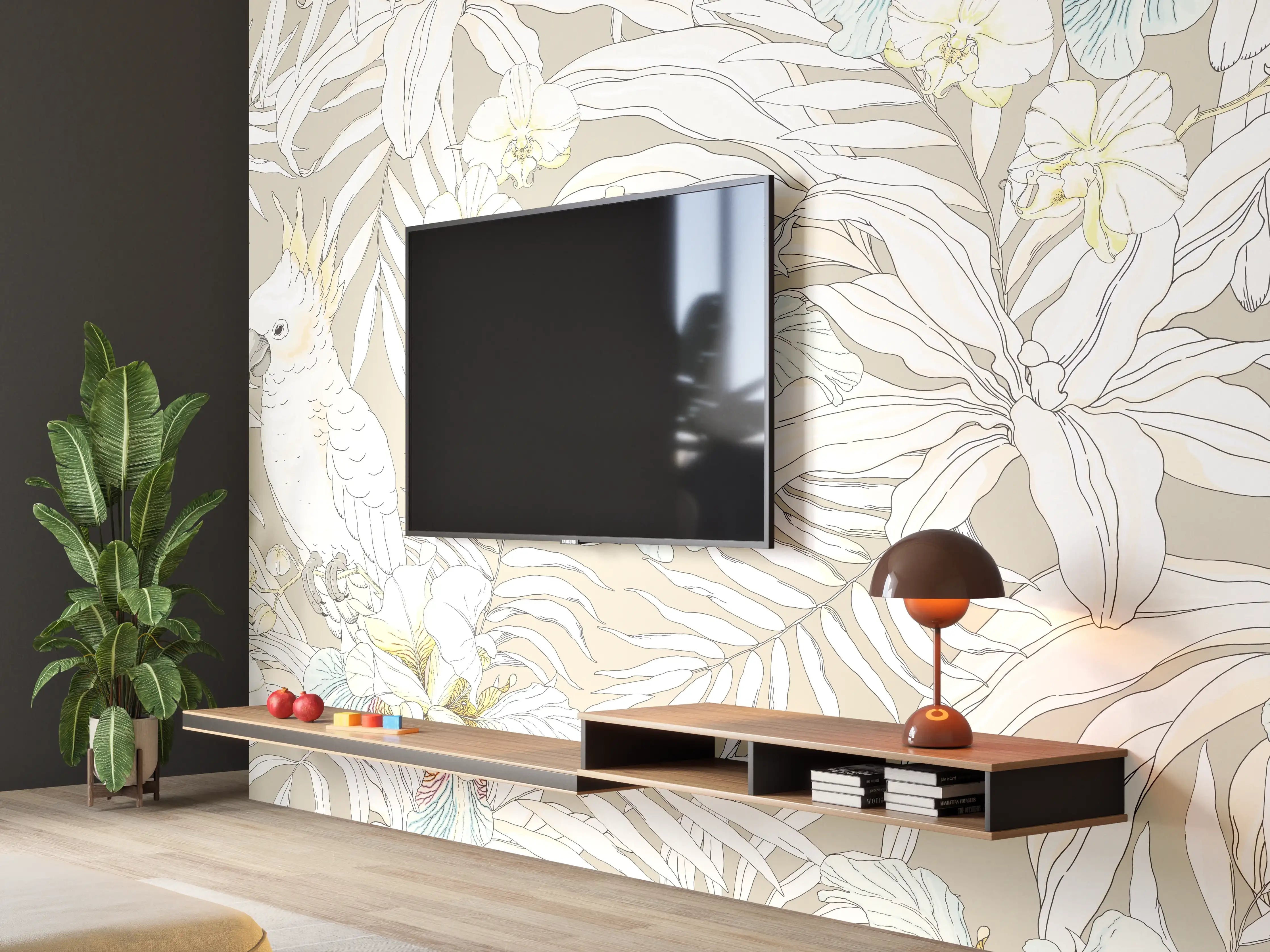 Wandverkleidung Wohnzimmer - Exotische Kakadu-Blumen-Musterung