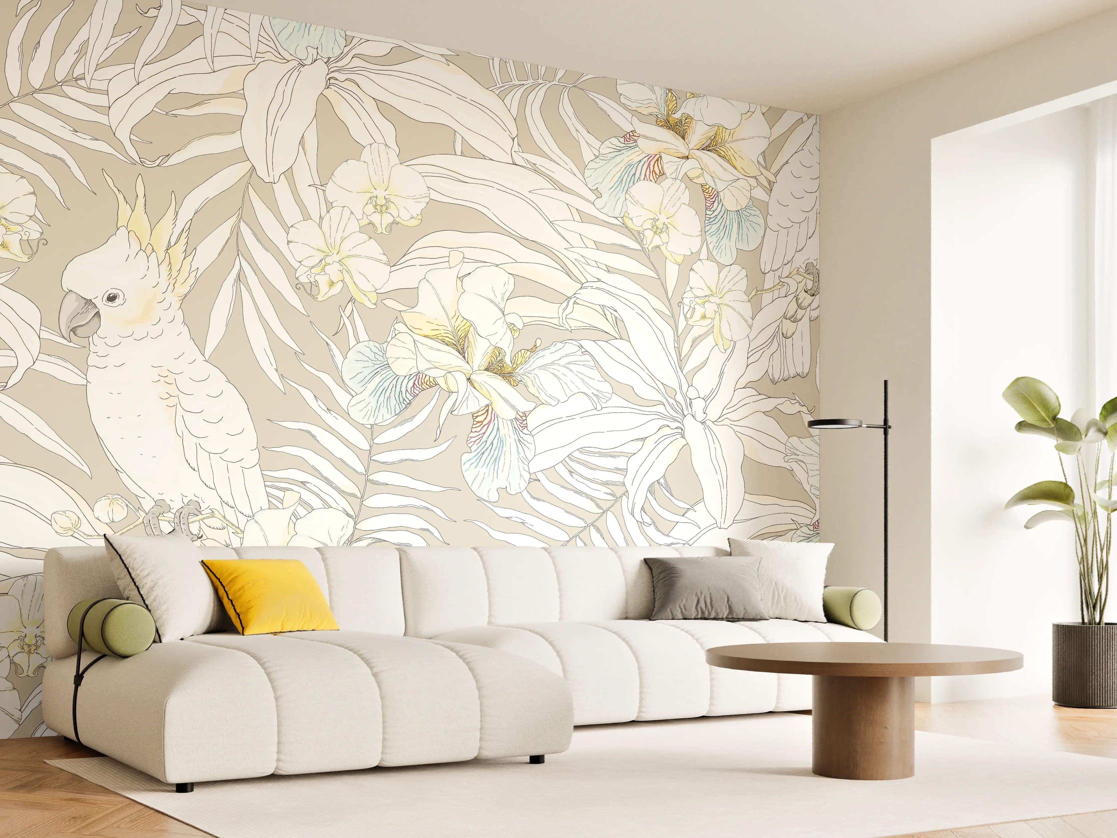 Wandverkleidung Wohnzimmer - Exotische Kakadu-Blumen-Musterung