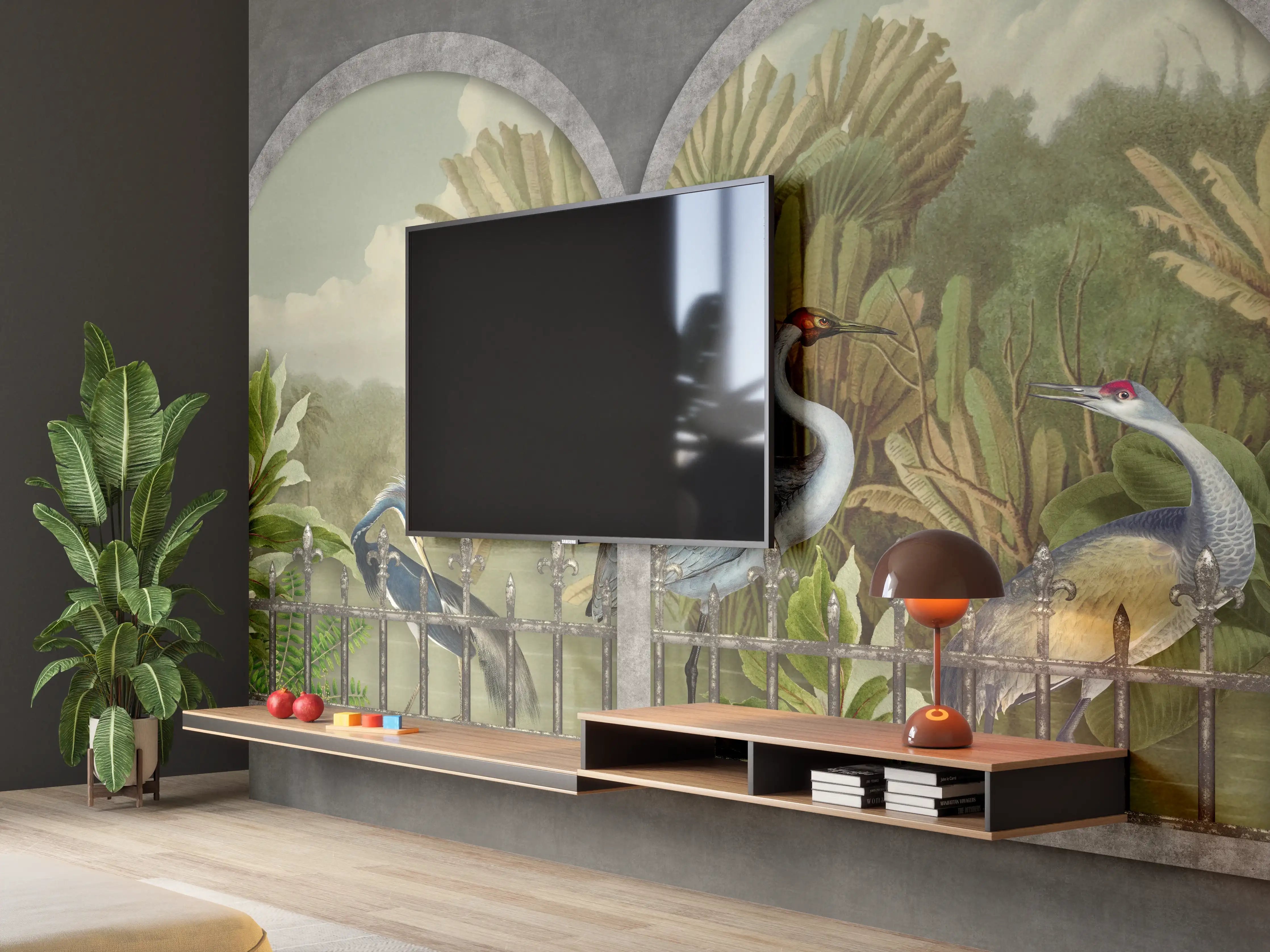 Wandverkleidung Wohnzimmer - Exotische Kraniche Naturpanorama