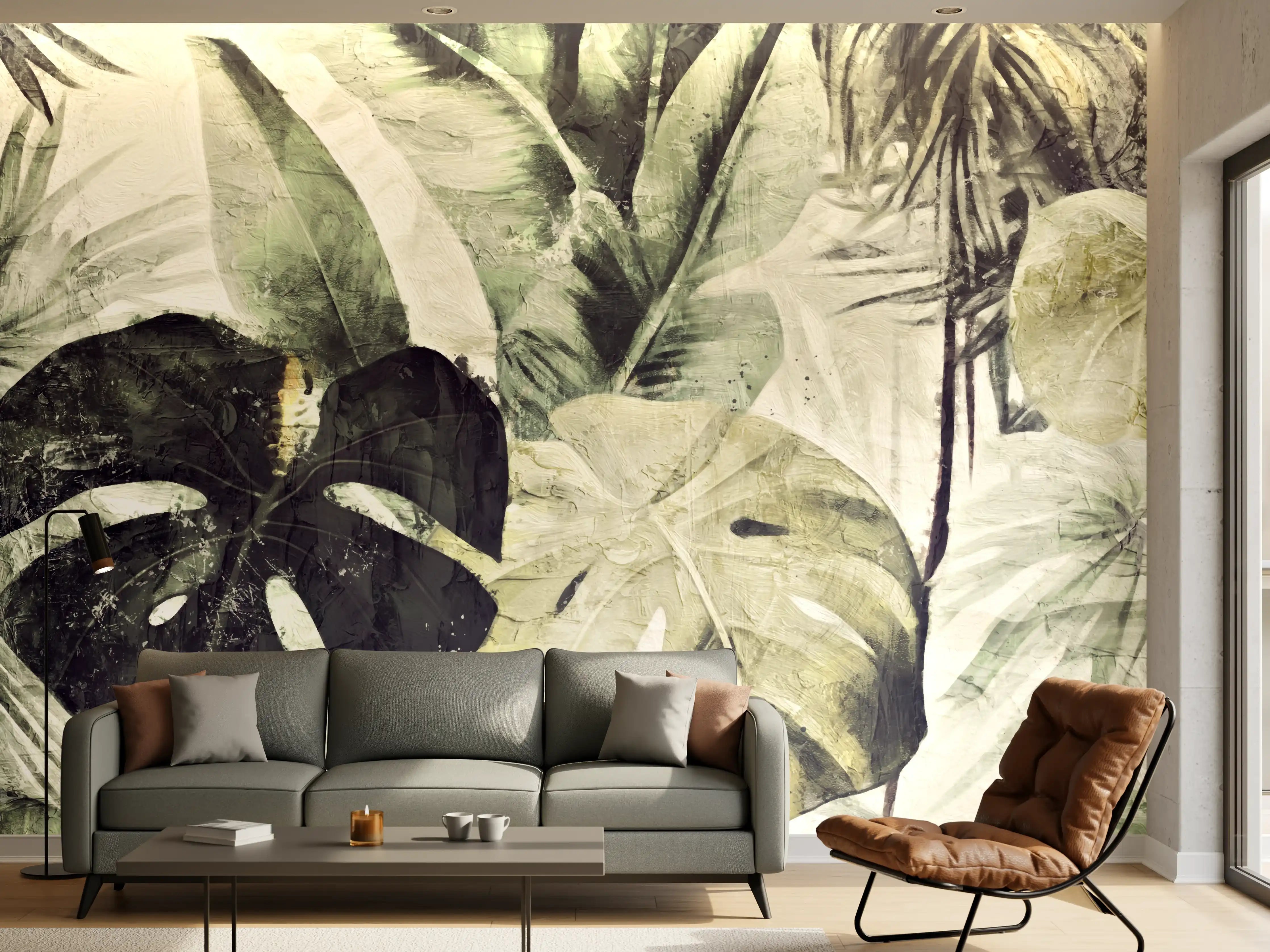 Wandverkleidung Wohnzimmer - Exotische Pflanzenwand - Naturmuster