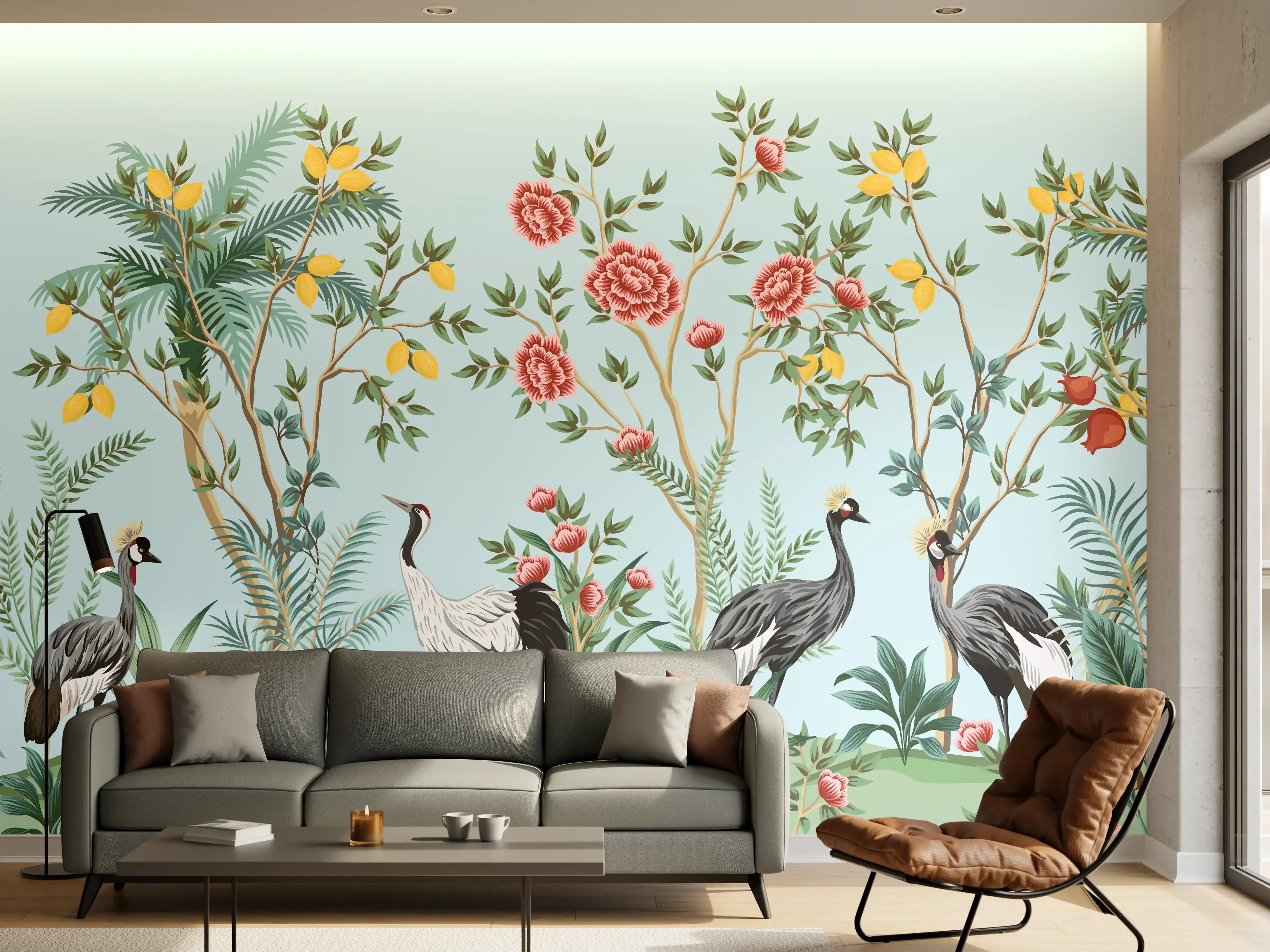 Wandverkleidung Wohnzimmer - Exotische Vogel-Tapete