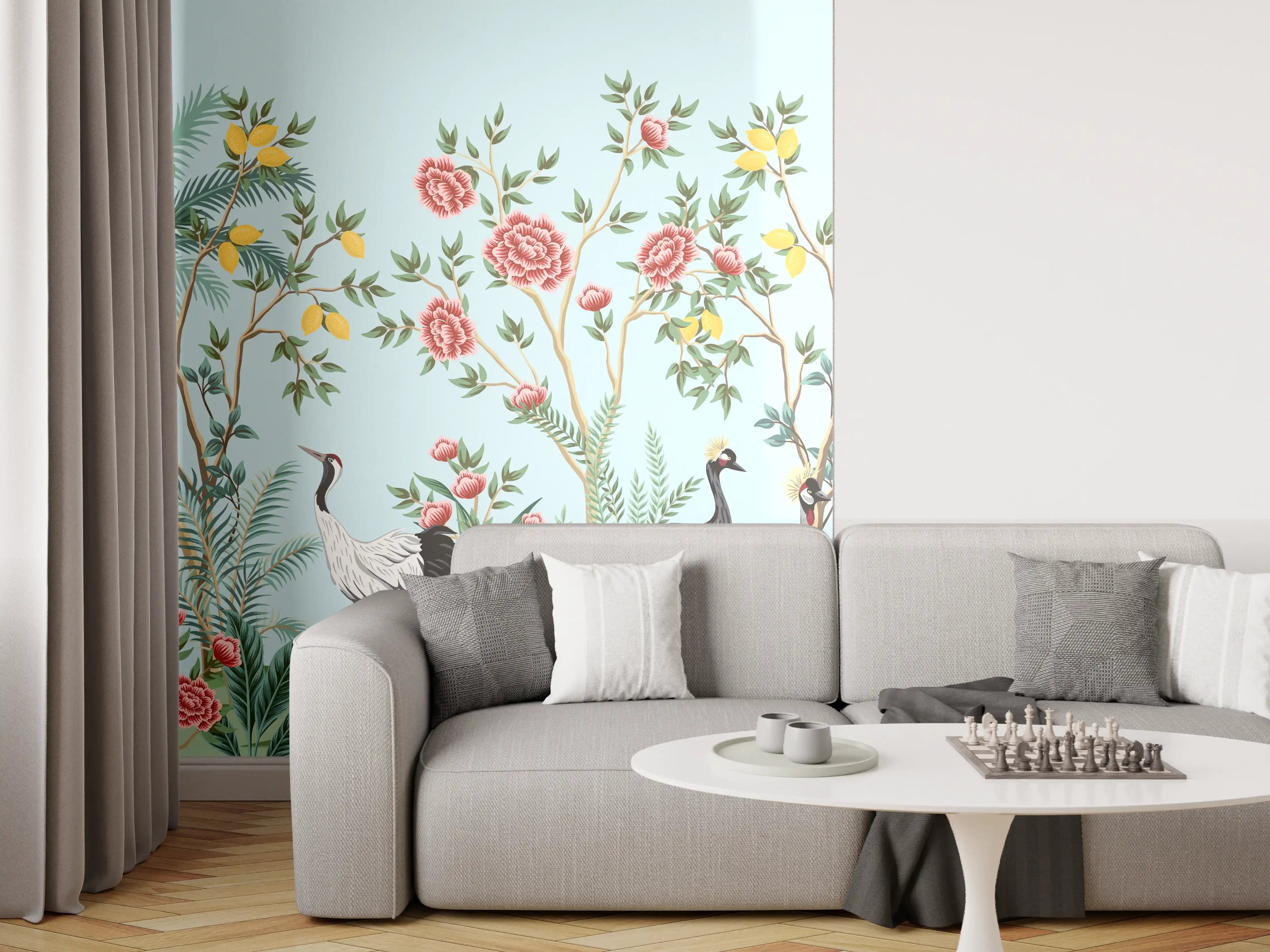 Wandverkleidung Wohnzimmer - Exotische Vogel-Tapete