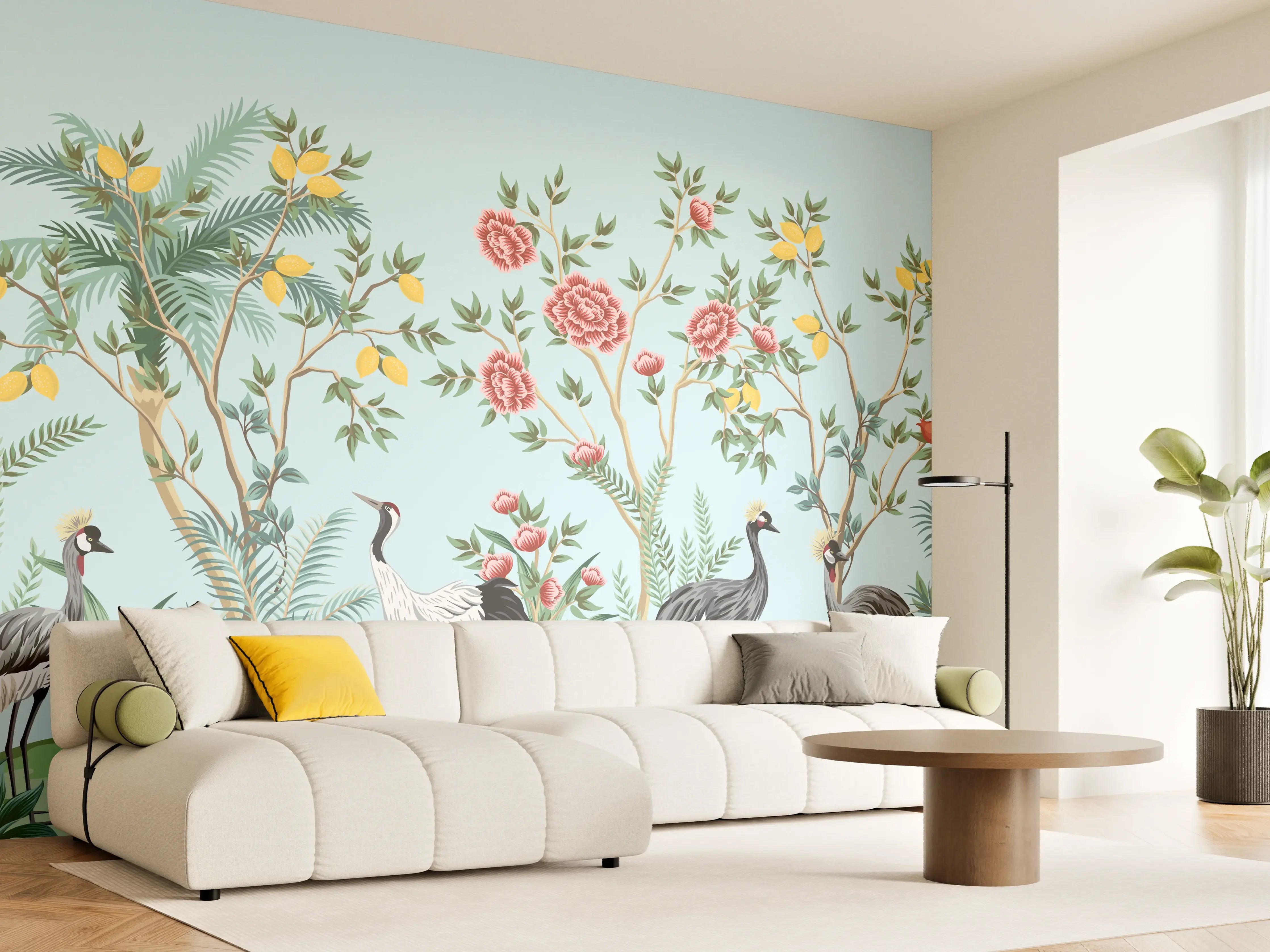 Wandverkleidung Wohnzimmer - Exotische Vogel-Tapete