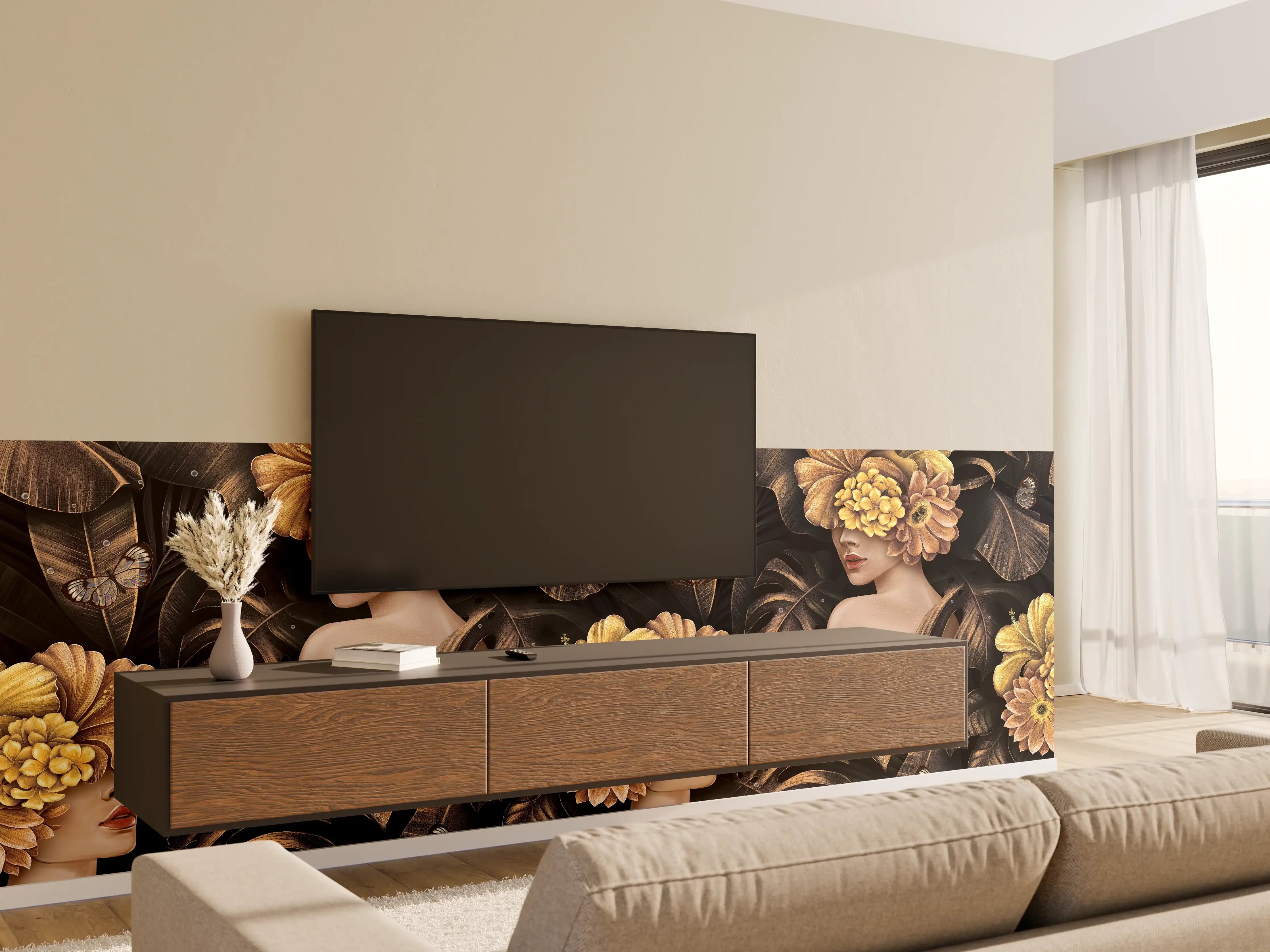 Wandverkleidung Wohnzimmer - Exotischen Frauen, Blumen Muster