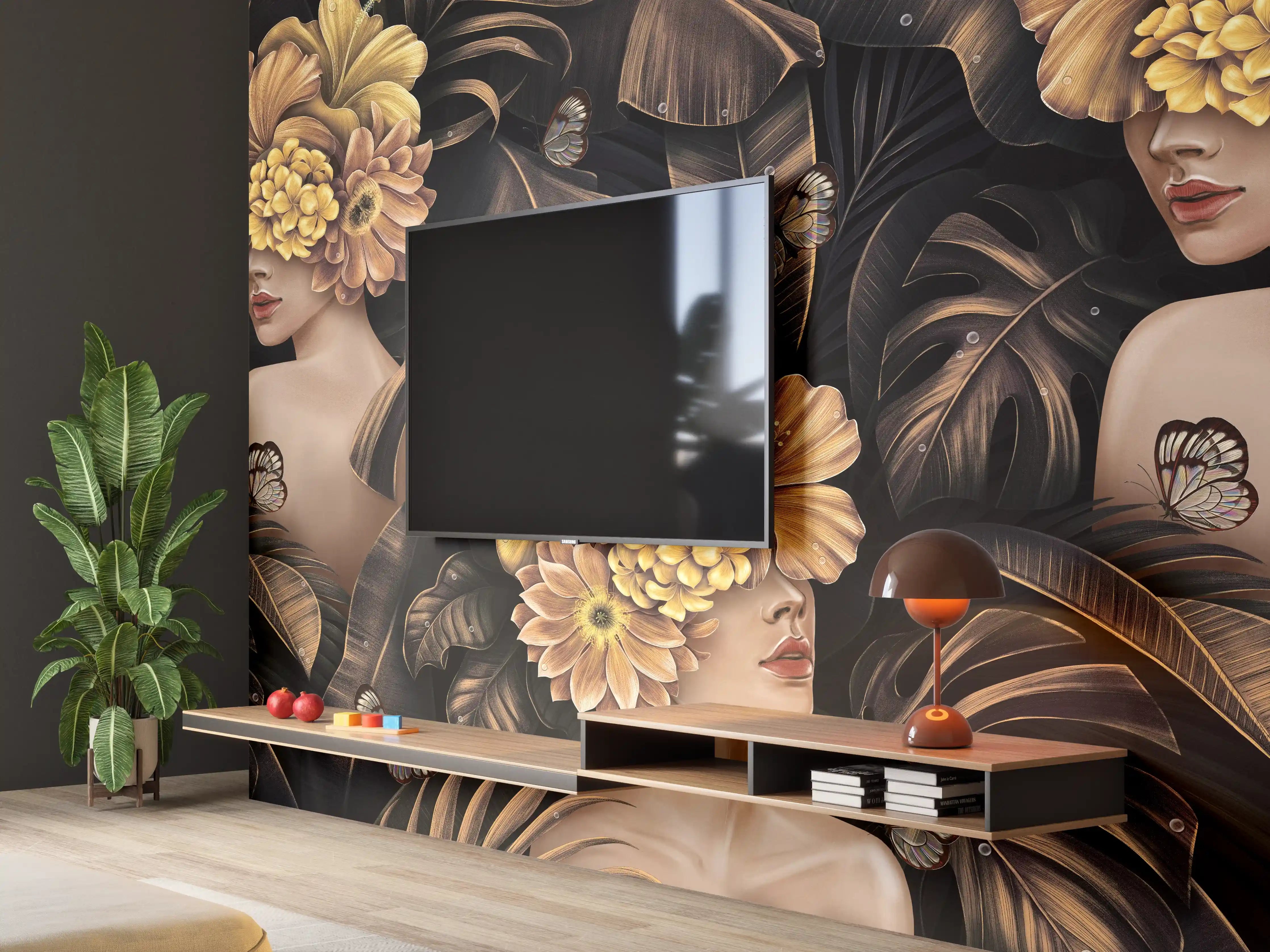 Wandverkleidung Wohnzimmer - Exotischen Frauen, Blumen Muster