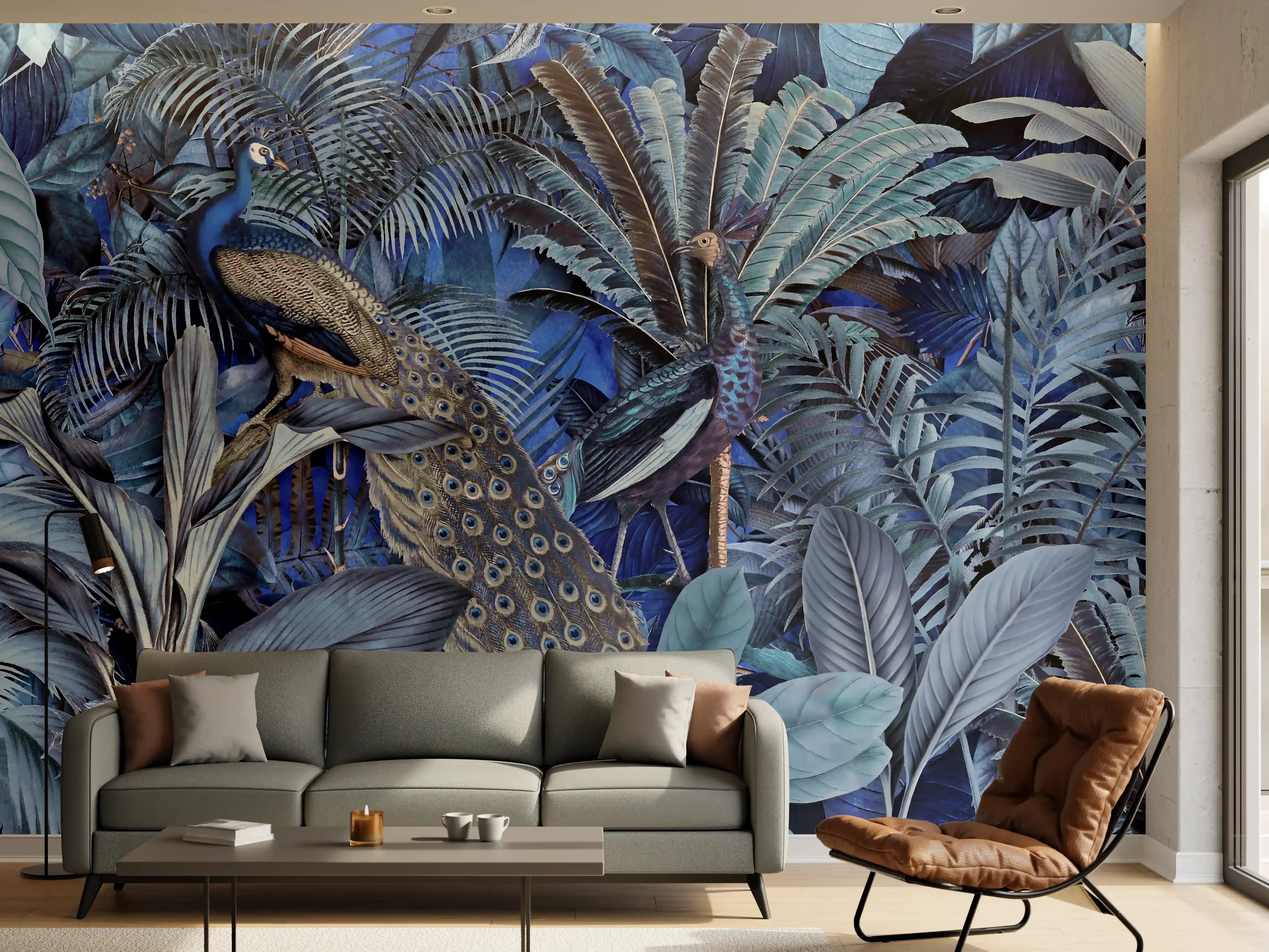 Wandverkleidung Wohnzimmer - Exotischer Garten - Blaue Pfauen