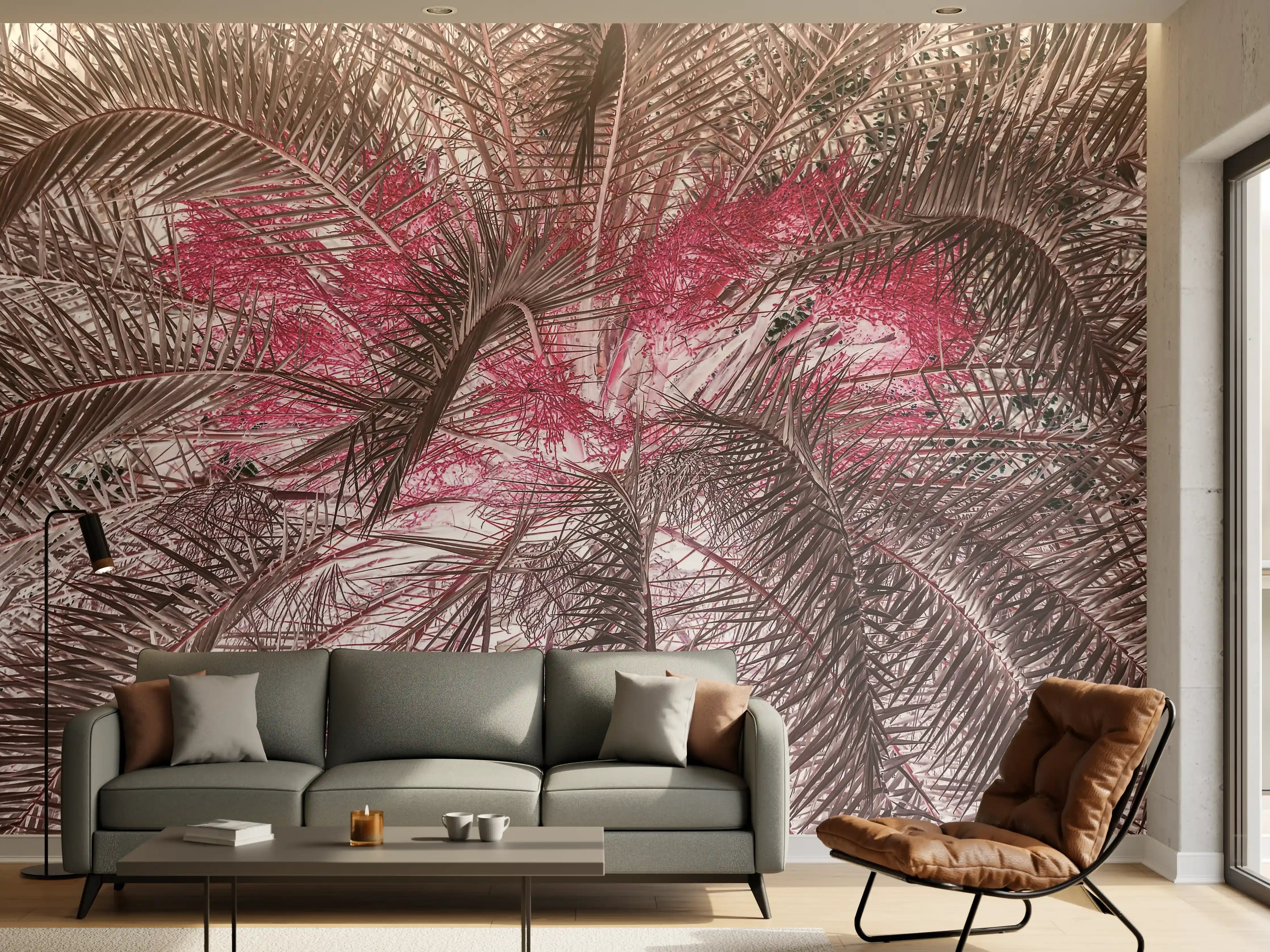 Wandverkleidung Wohnzimmer - Exotischer Palmengarten in Pink