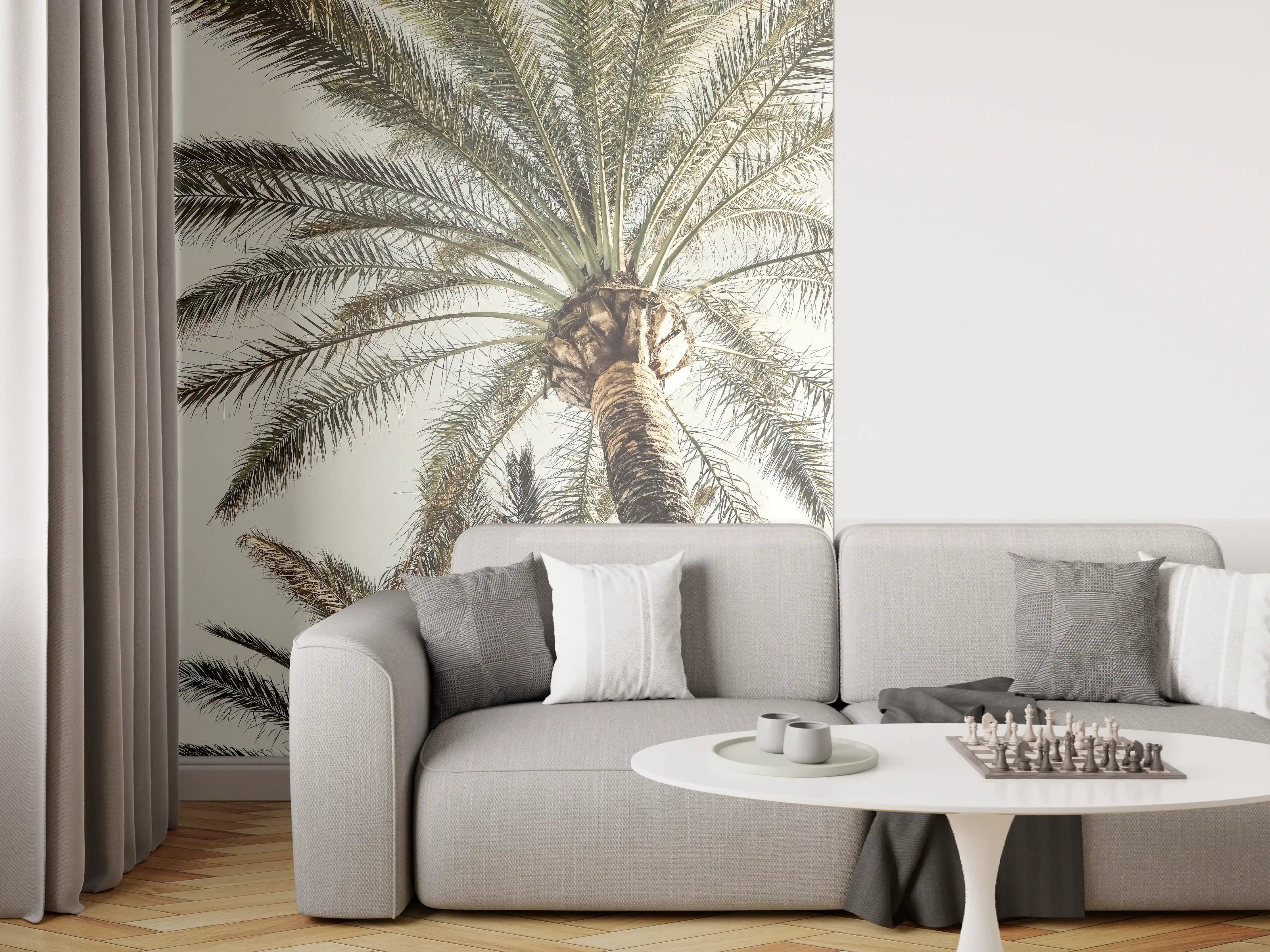 Wandverkleidung Wohnzimmer - Exotischer Palmenhain im Sonnenlicht