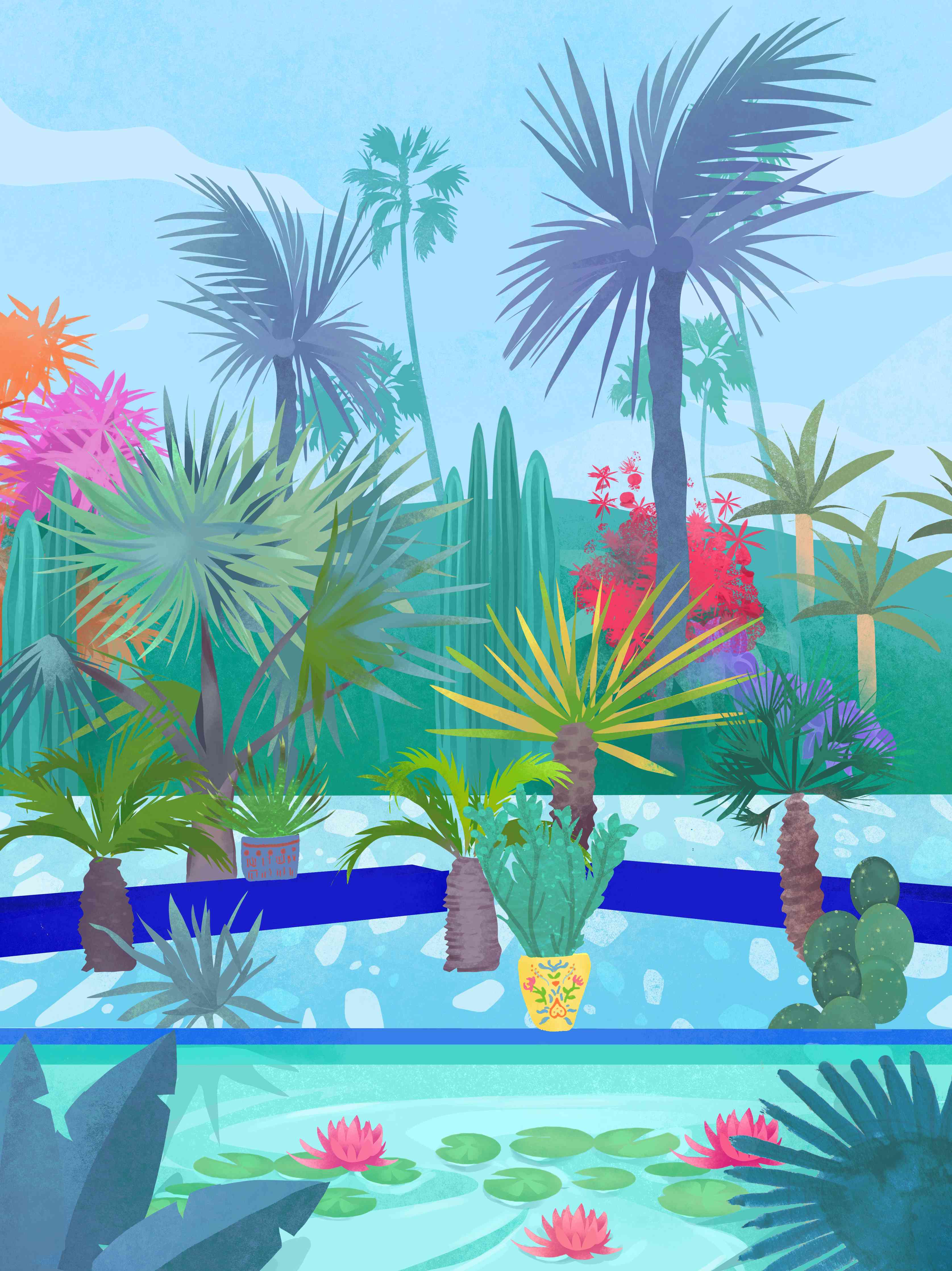 Wandverkleidung Wohnzimmer-Exotischer Pool mit Palmen und Wasserlilien