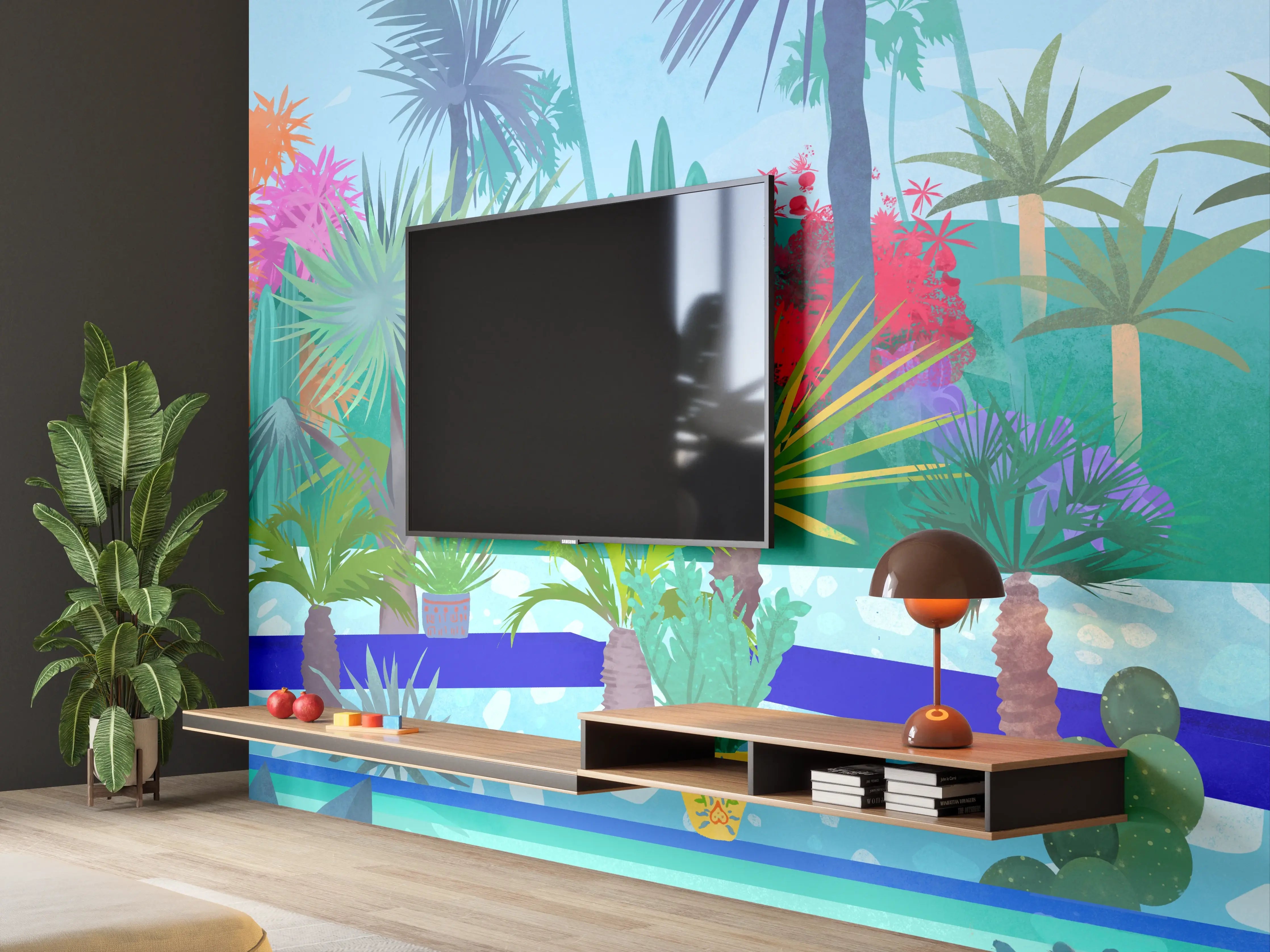 Wandverkleidung Wohnzimmer - Exotischer Pool mit Palmen und Wasserlilien