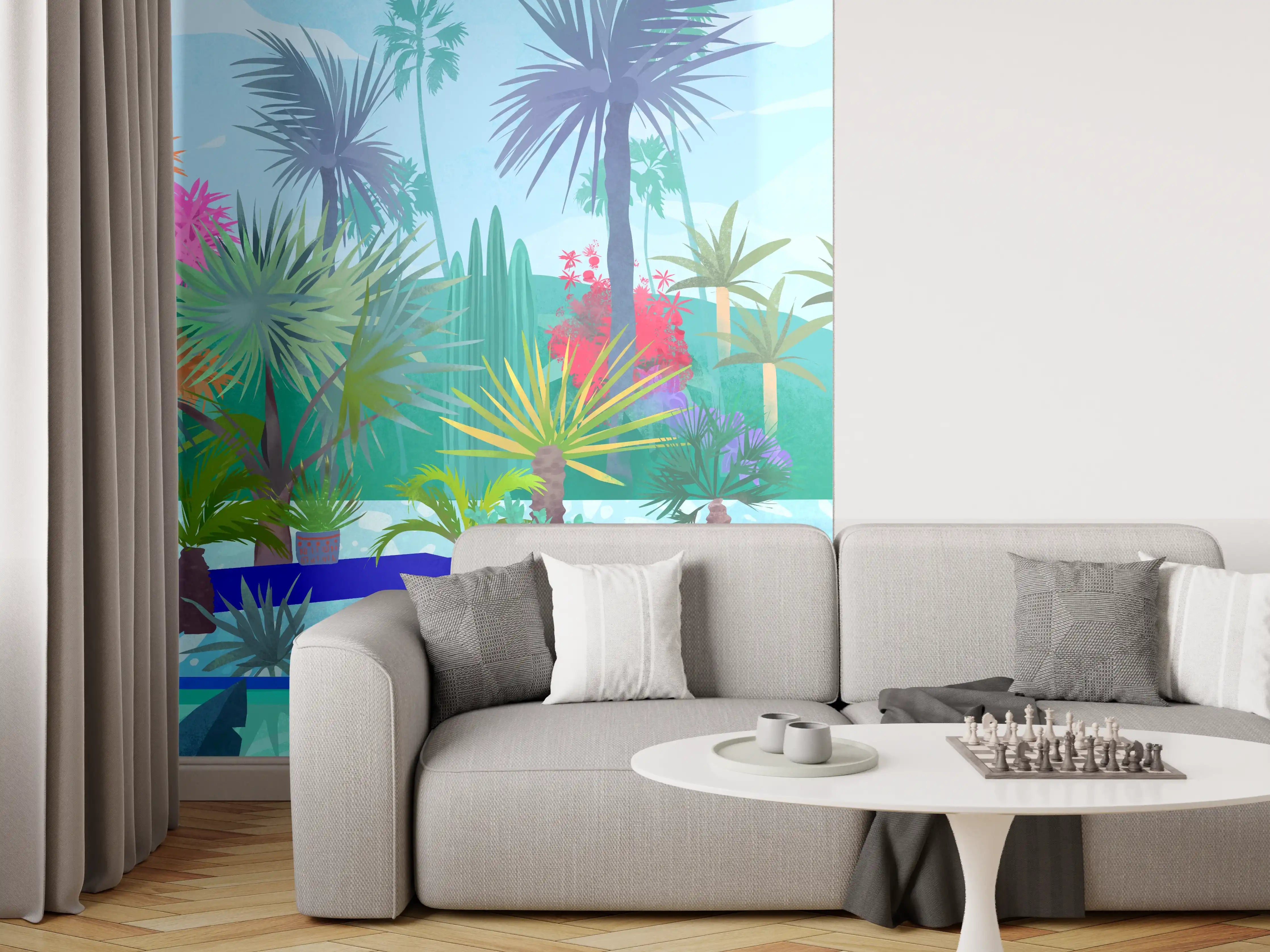 Wandverkleidung Wohnzimmer - Exotischer Pool mit Palmen und Wasserlilien