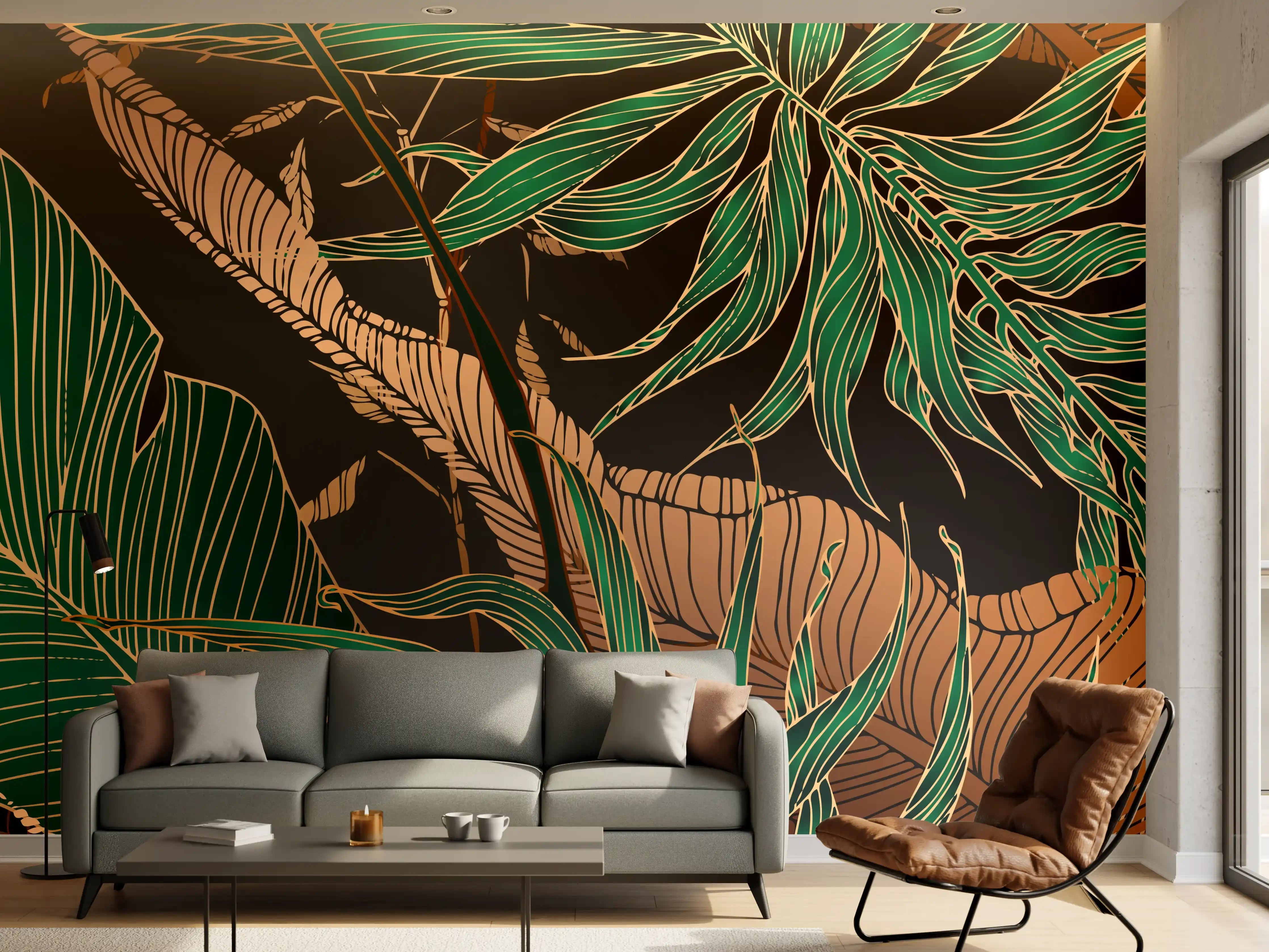 Wandverkleidung Wohnzimmer - Exotisches Blattmuster Dunkel