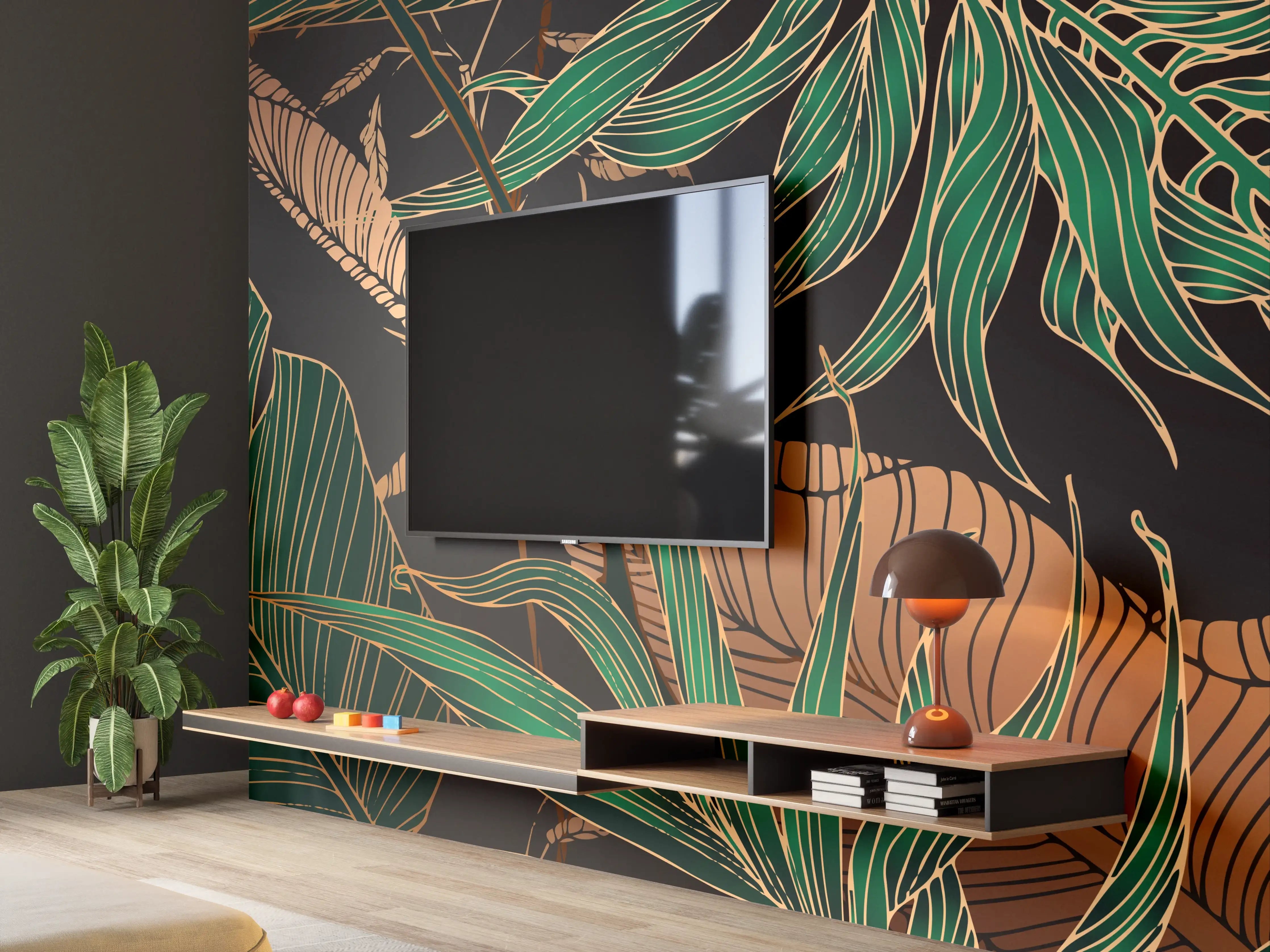 Wandverkleidung Wohnzimmer - Exotisches Blattmuster Dunkel