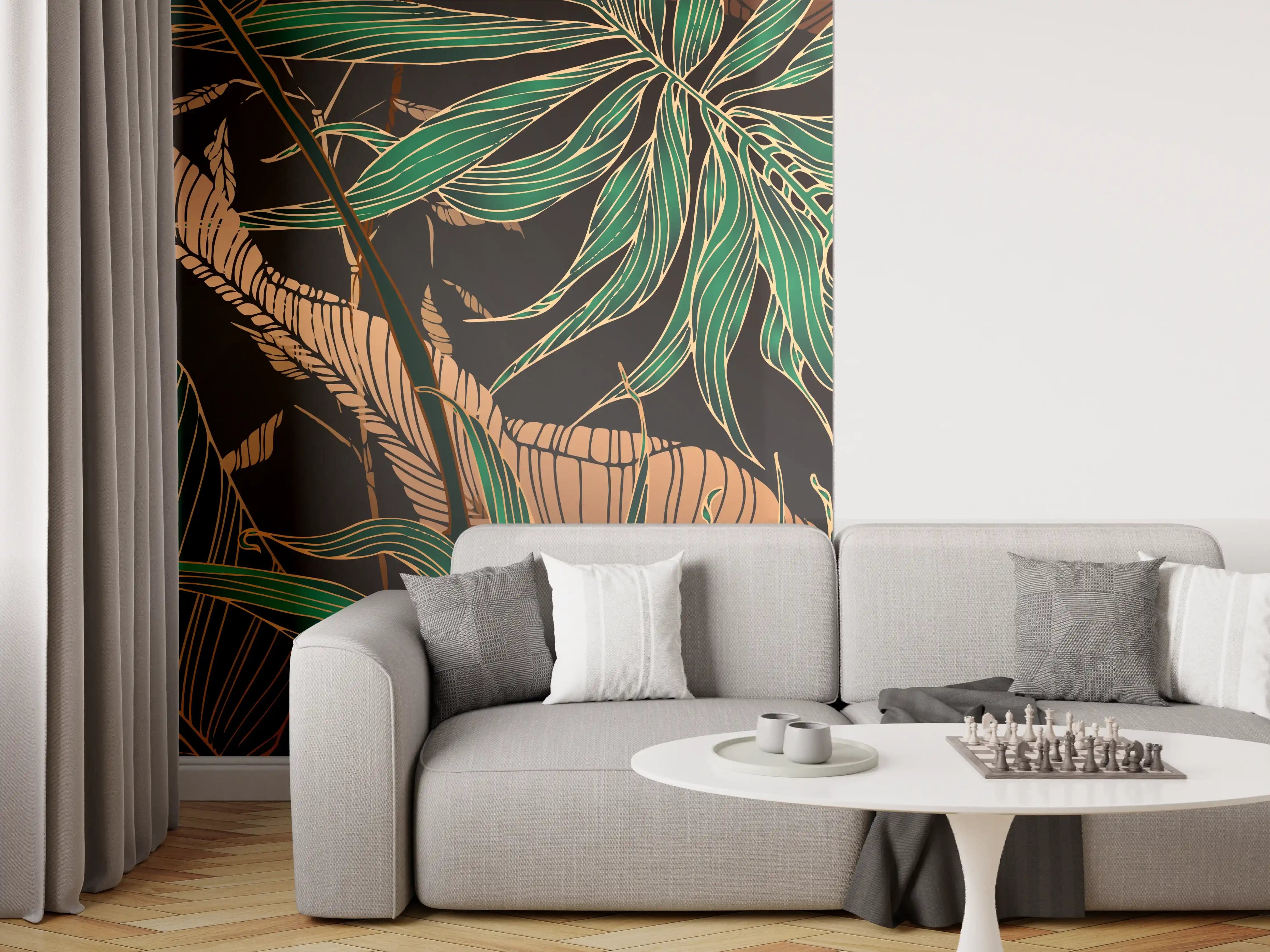 Wandverkleidung Wohnzimmer - Exotisches Blattmuster Dunkel