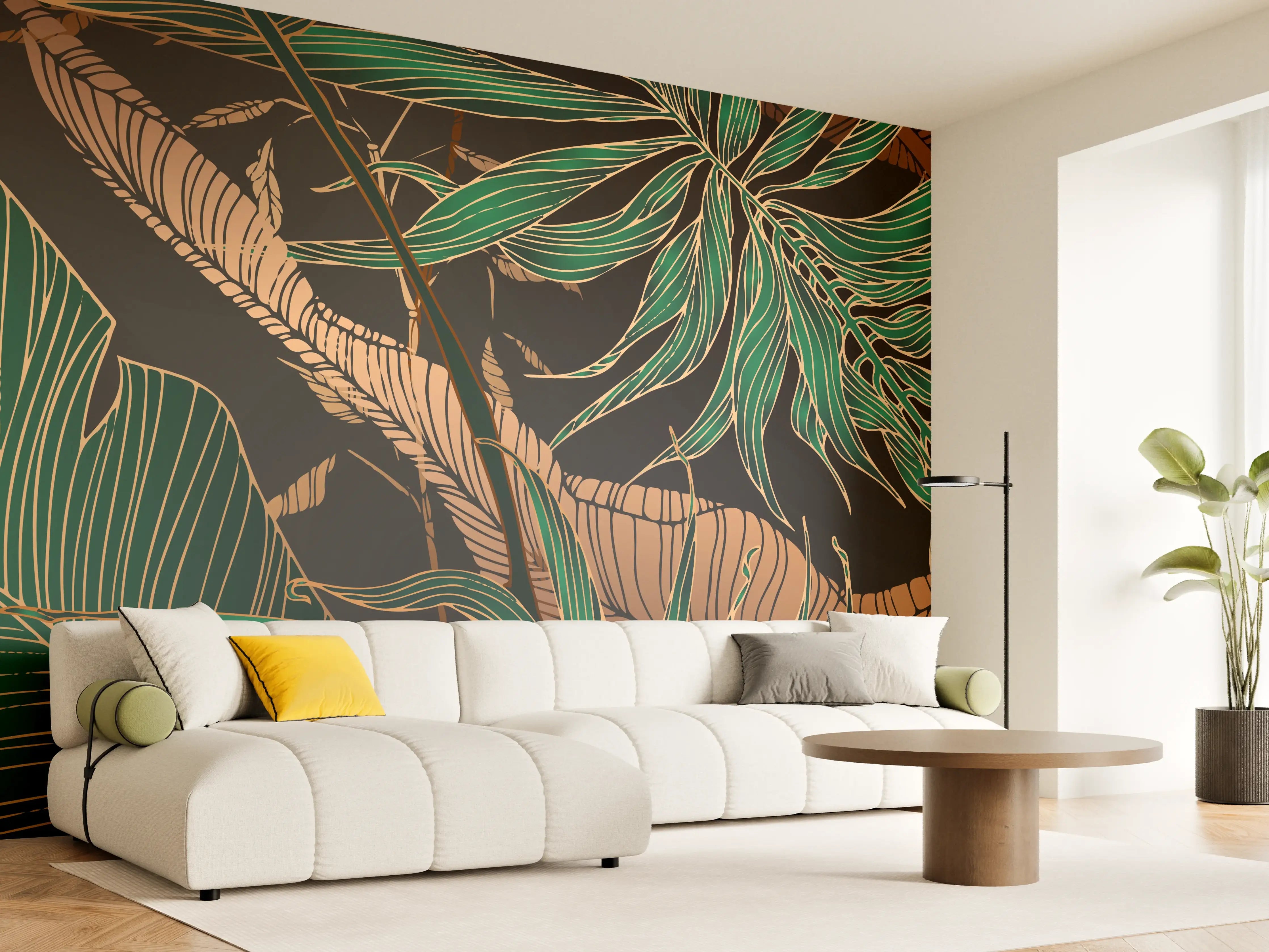Wandverkleidung Wohnzimmer - Exotisches Blattmuster Dunkel