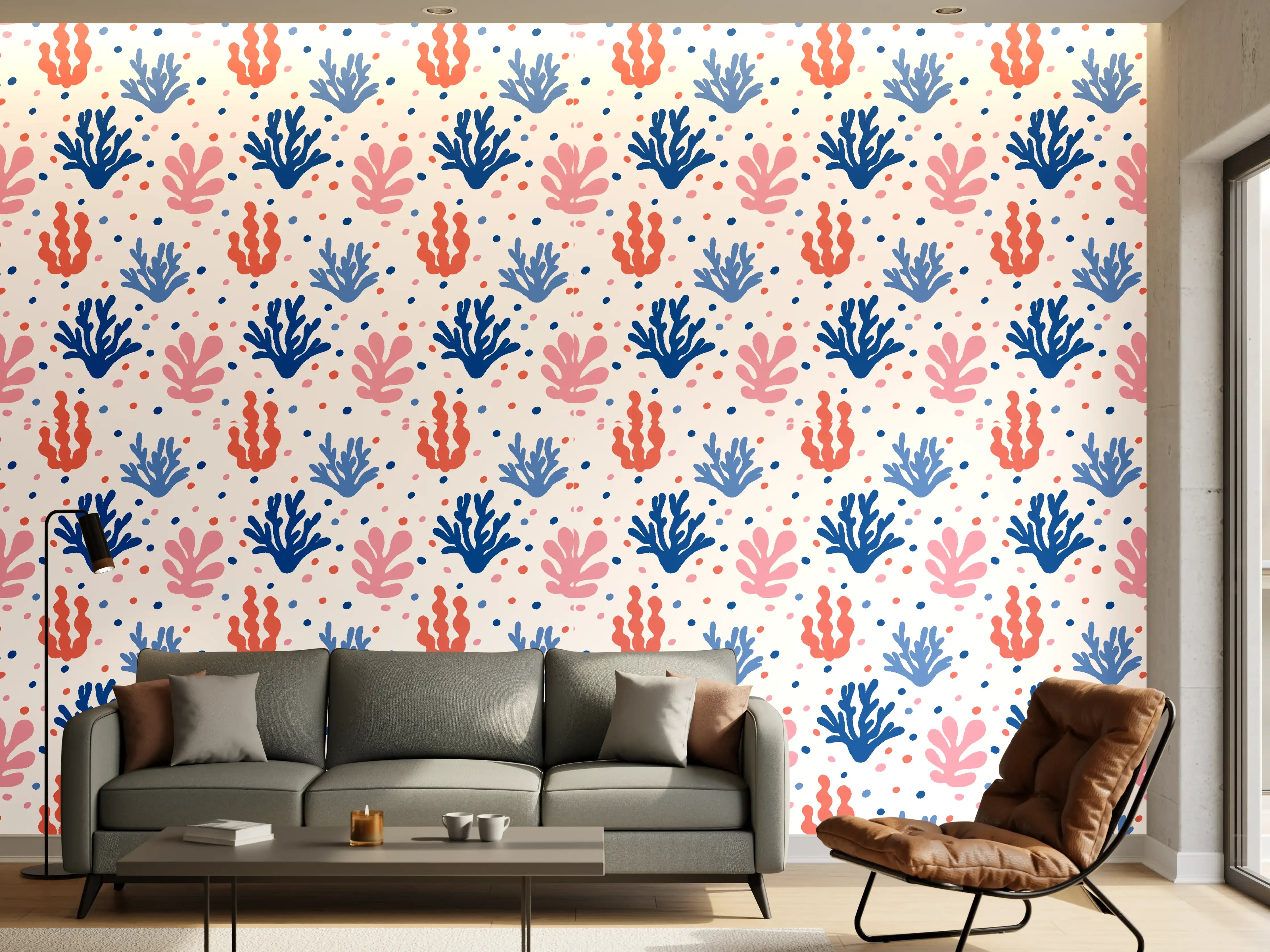 Wandverkleidung Wohnzimmer - Exotisches Korallen-Design in Blau und Rosa