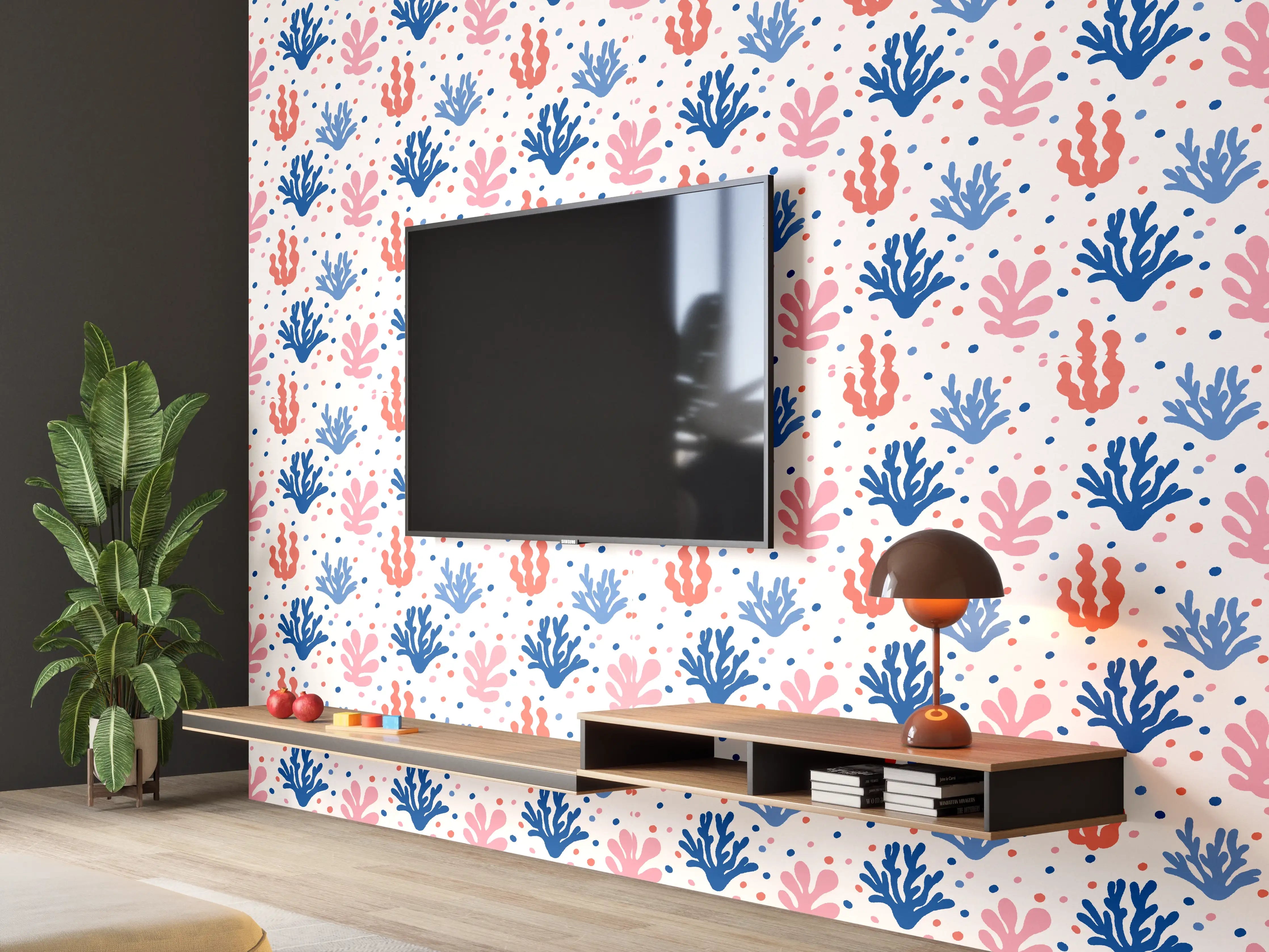 Wandverkleidung Wohnzimmer - Exotisches Korallen-Design in Blau und Rosa