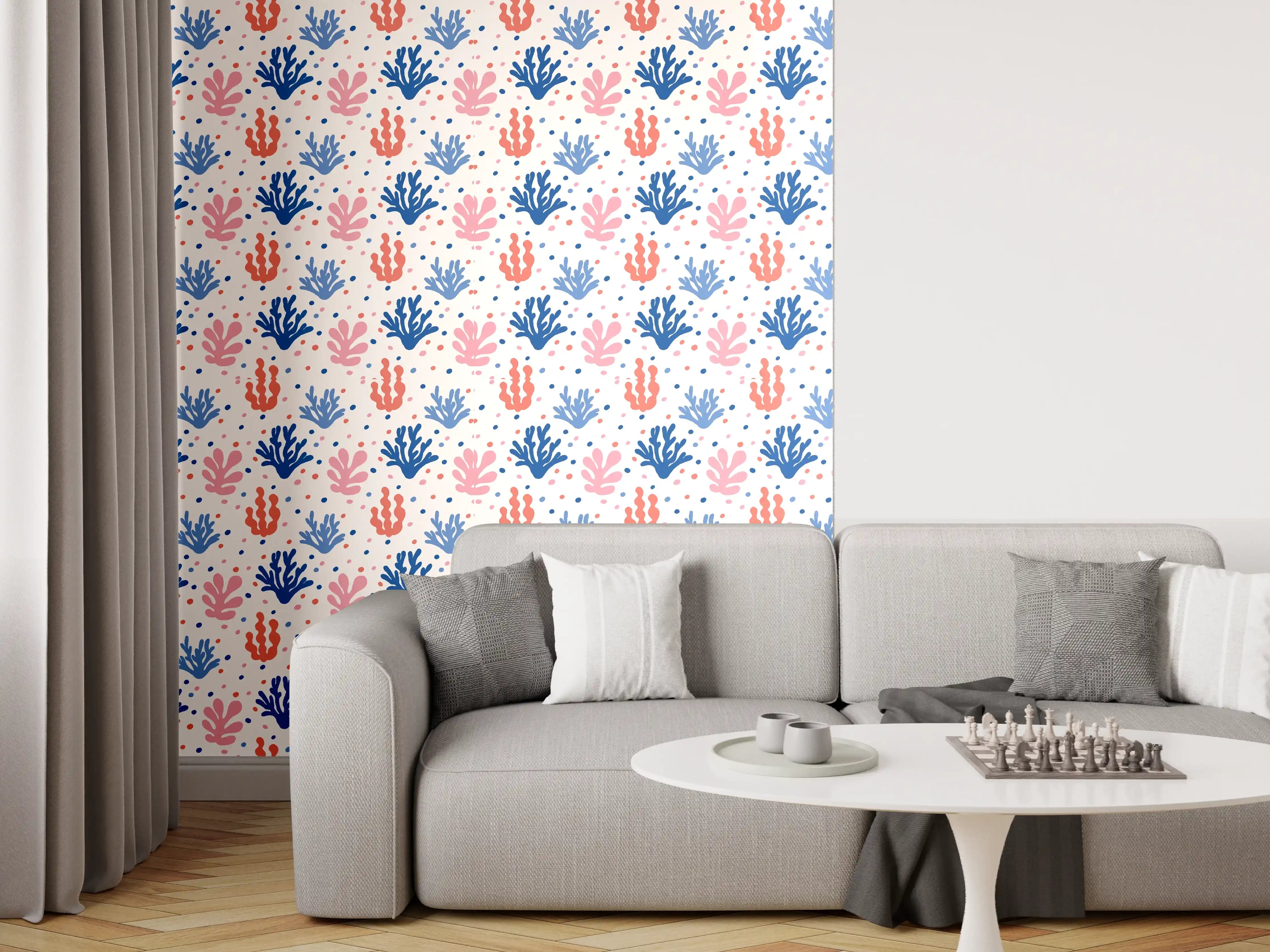 Wandverkleidung Wohnzimmer - Exotisches Korallen-Design in Blau und Rosa
