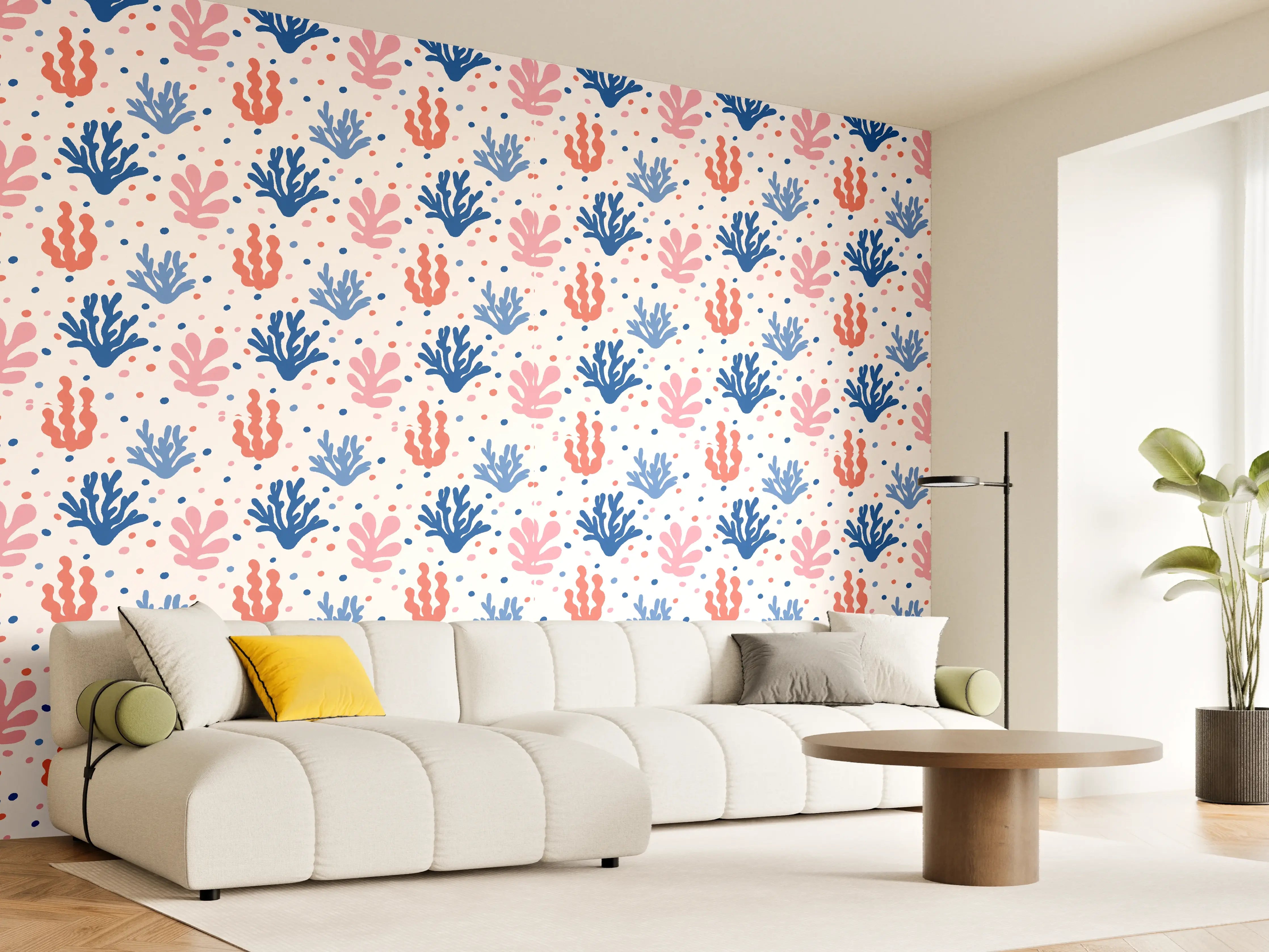 Wandverkleidung Wohnzimmer - Exotisches Korallen-Design in Blau und Rosa