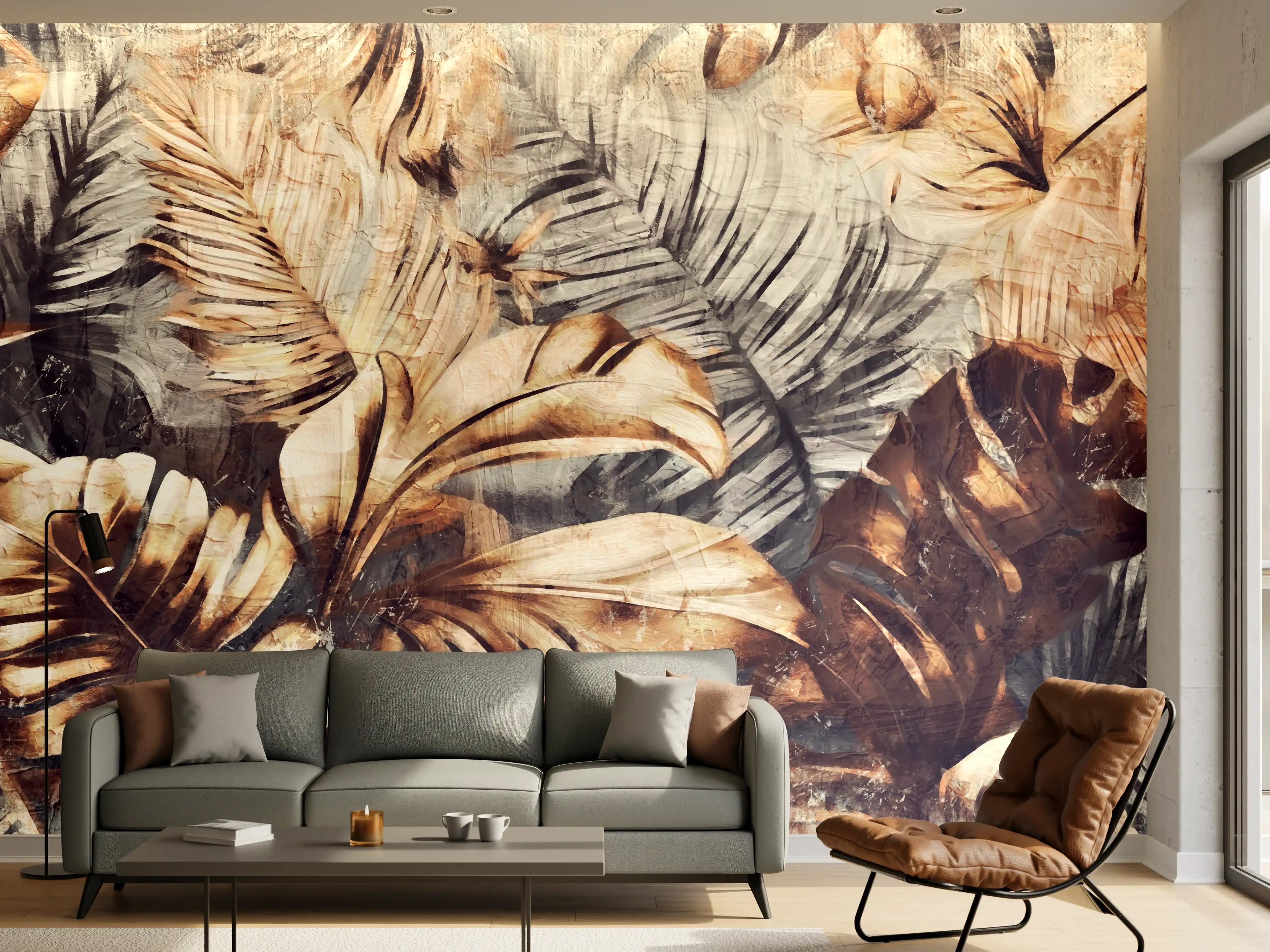Wandverkleidung Wohnzimmer - Exotisches Palmenblatt-Muster