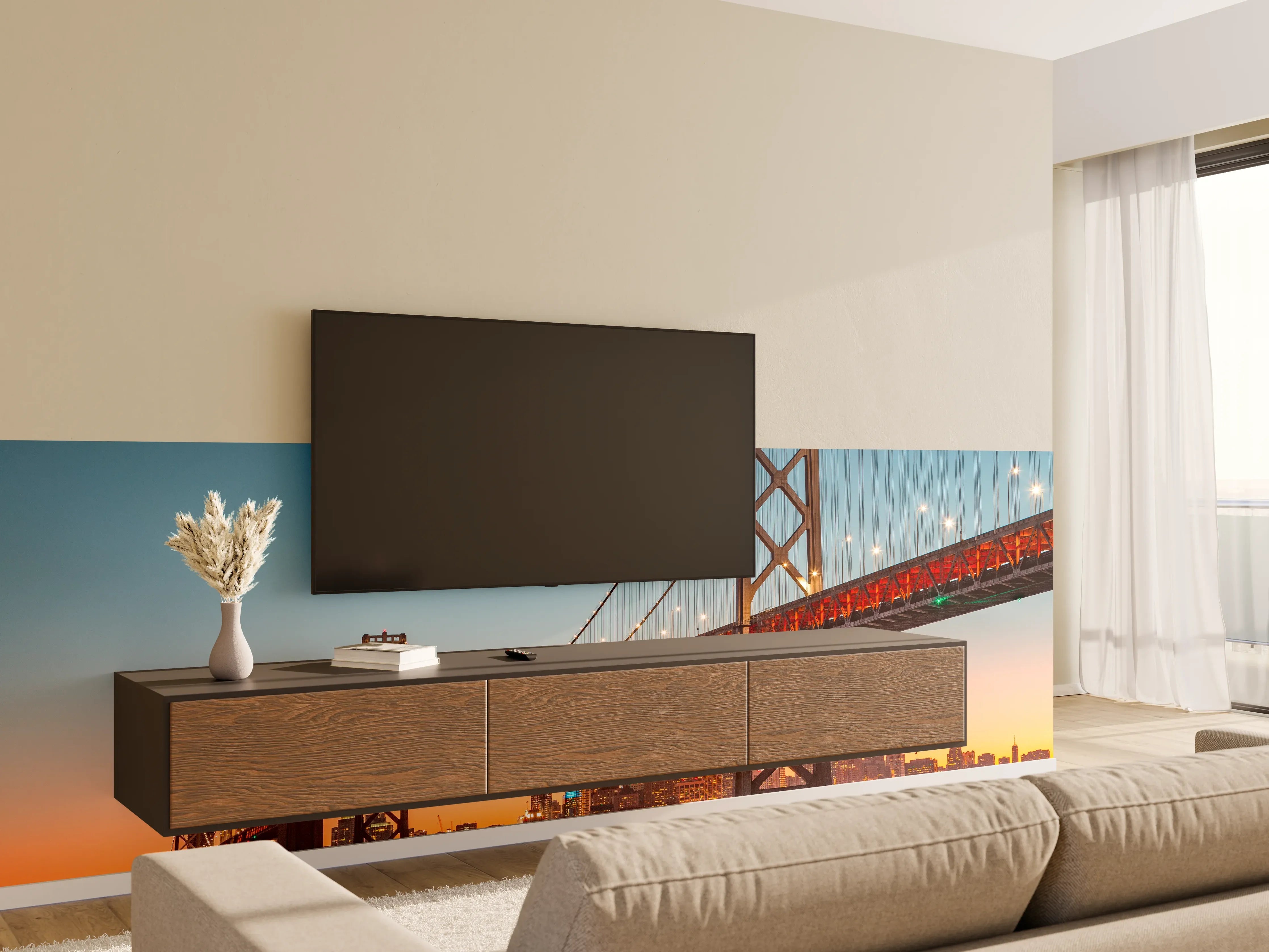 Wandverkleidung Wohnzimmer - Fantastische Skyline bei Sonnenuntergang