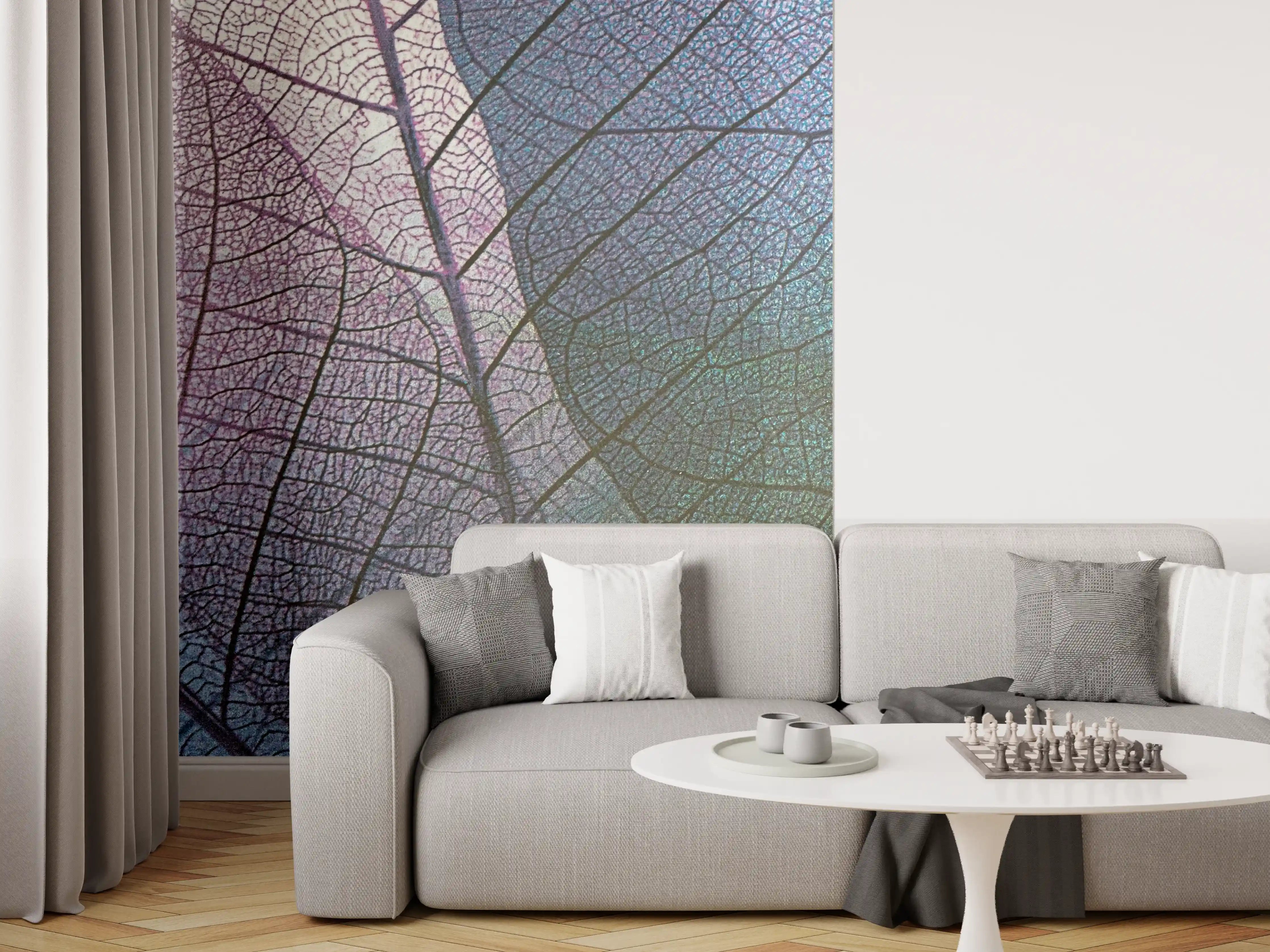 Wandverkleidung Wohnzimmer - Farbenfrohe Blätter in Schattierungen von Blau und Grau