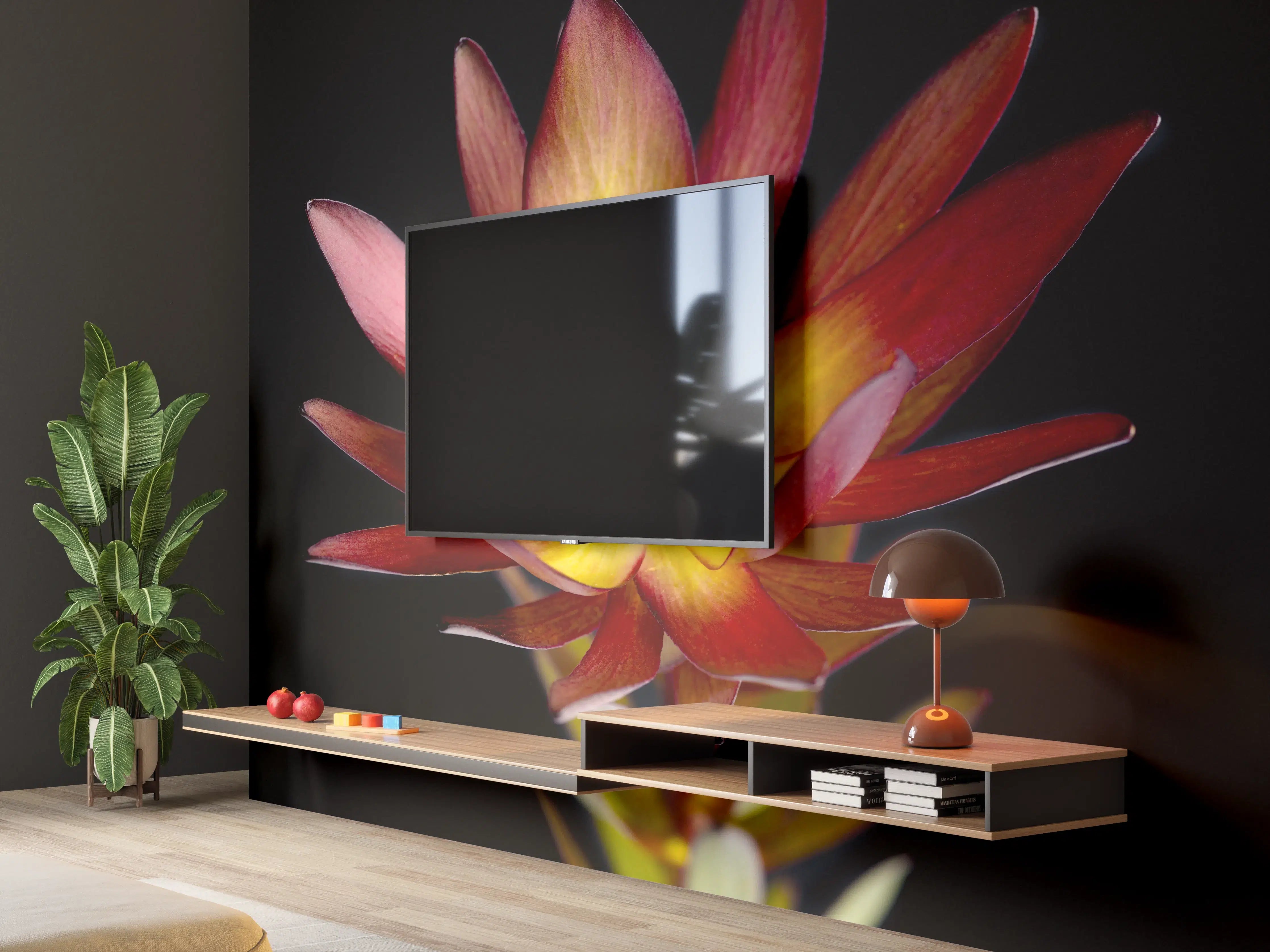Wandverkleidung Wohnzimmer - Farbenfrohe Blüte auf Schwarz