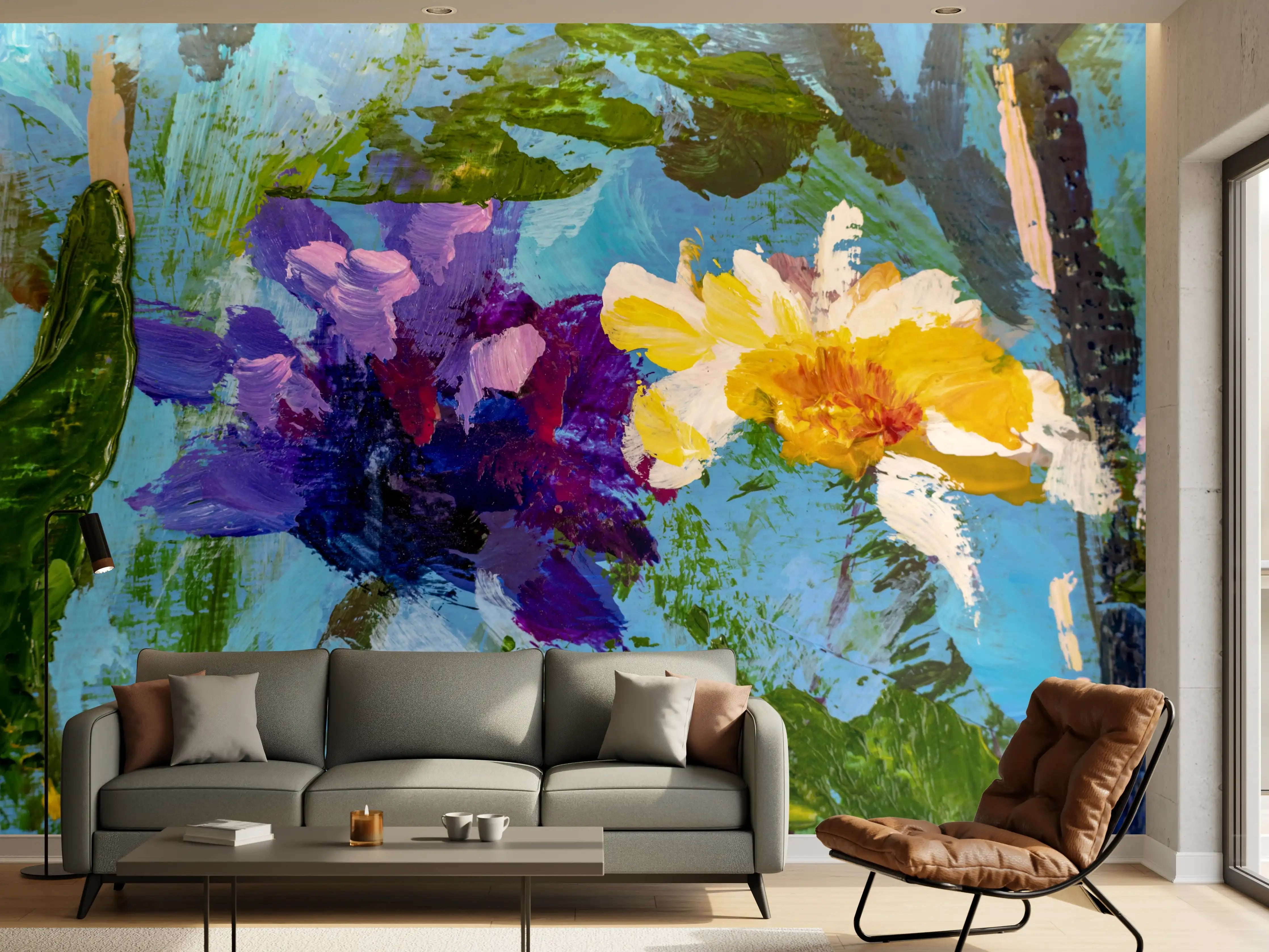 Wandverkleidung Wohnzimmer - Farbenfrohe Blumenmalerei