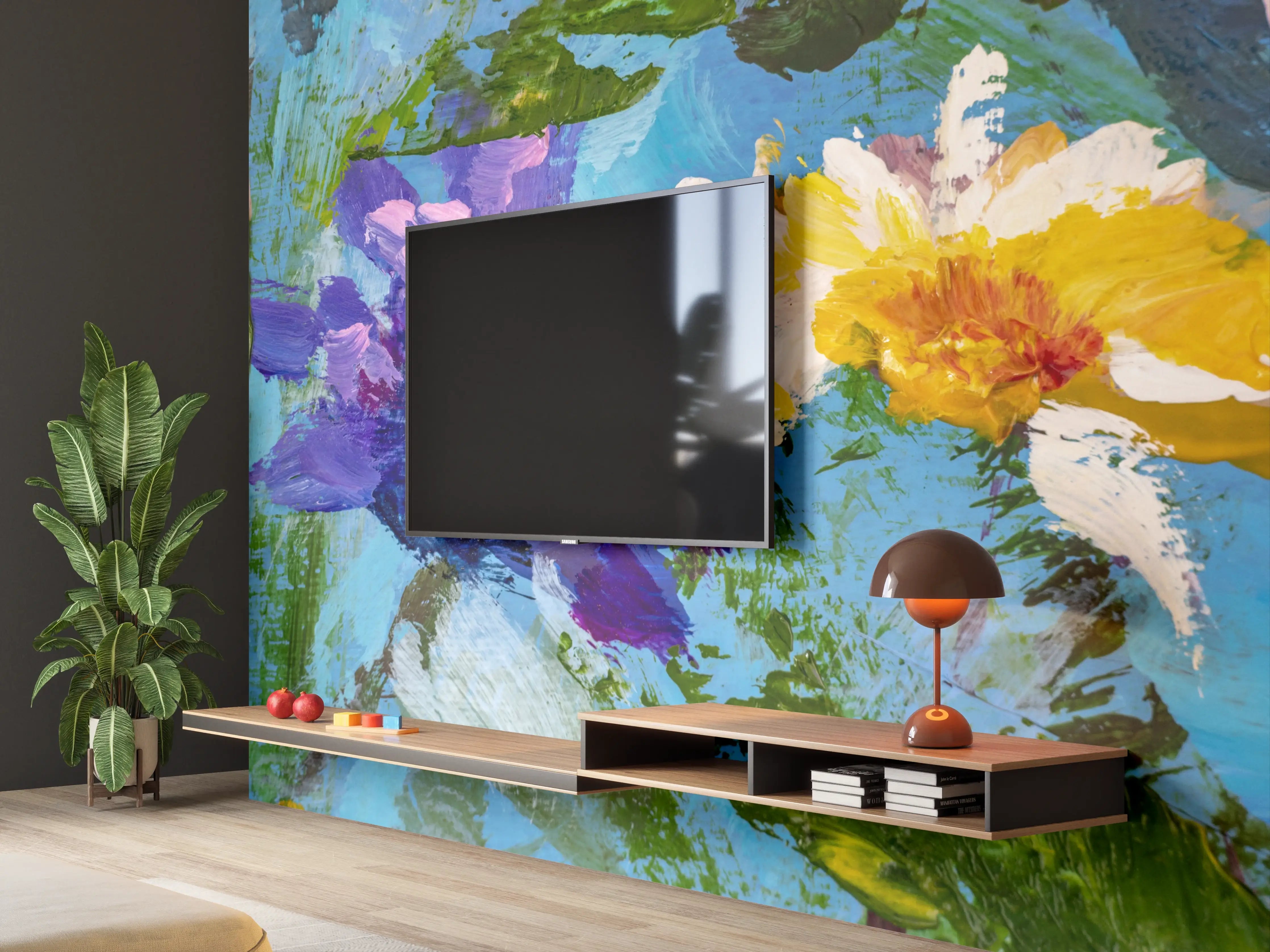 Wandverkleidung Wohnzimmer - Farbenfrohe Blumenmalerei