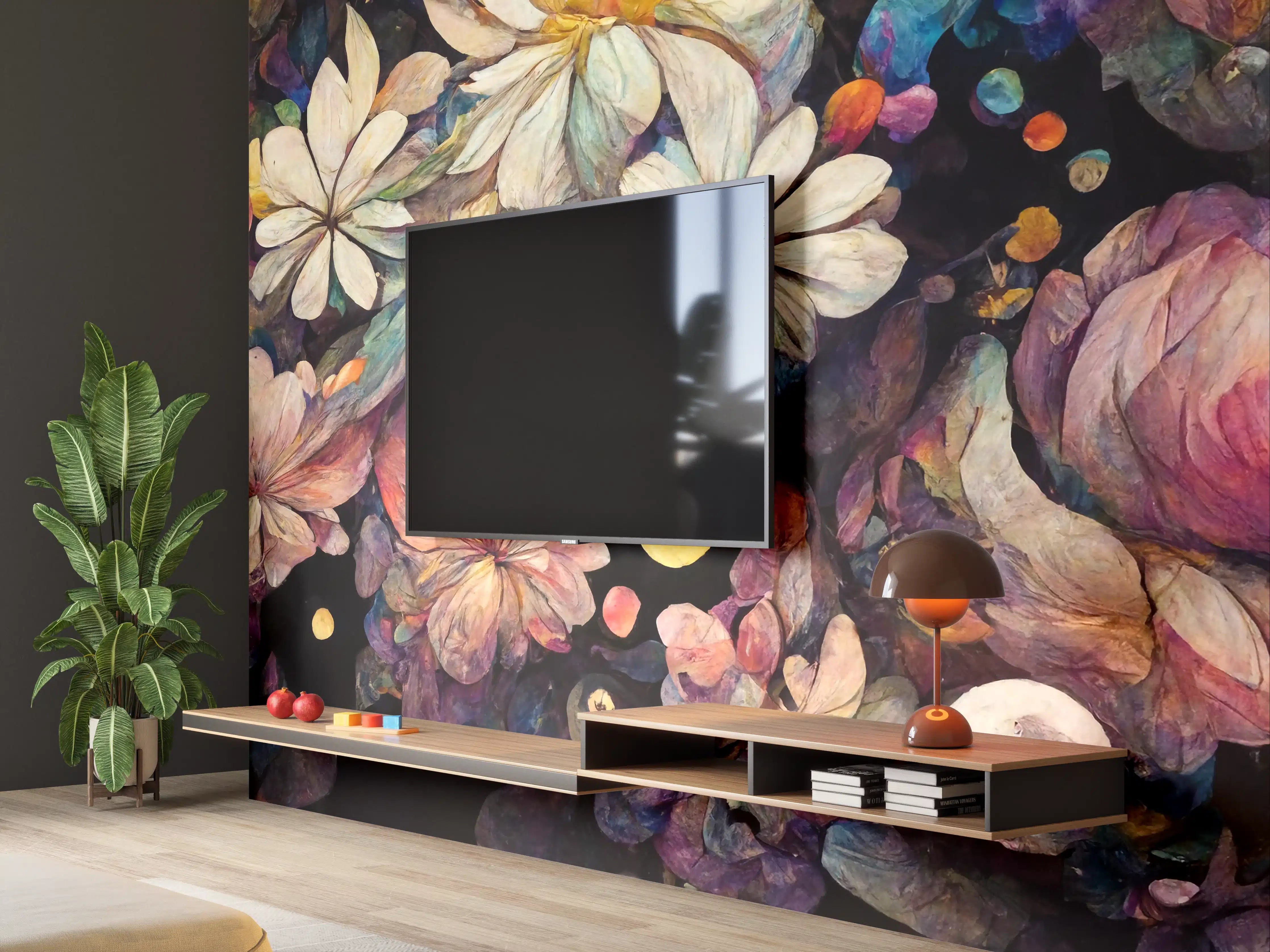 Wandverkleidung Wohnzimmer - Farbenfrohe Blumenpracht in dunklem Hintergrund