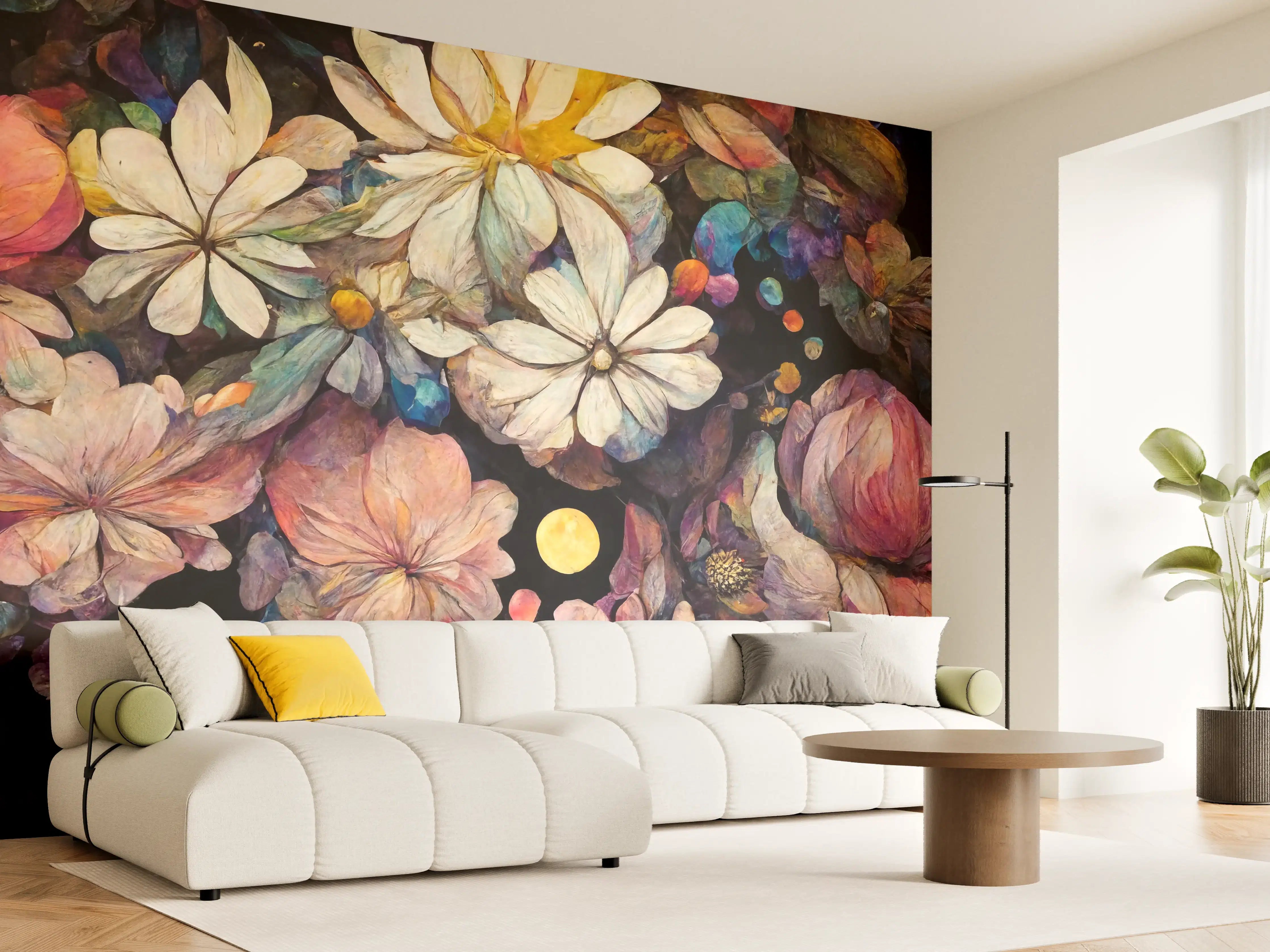 Wandverkleidung Wohnzimmer - Farbenfrohe Blumenpracht in dunklem Hintergrund