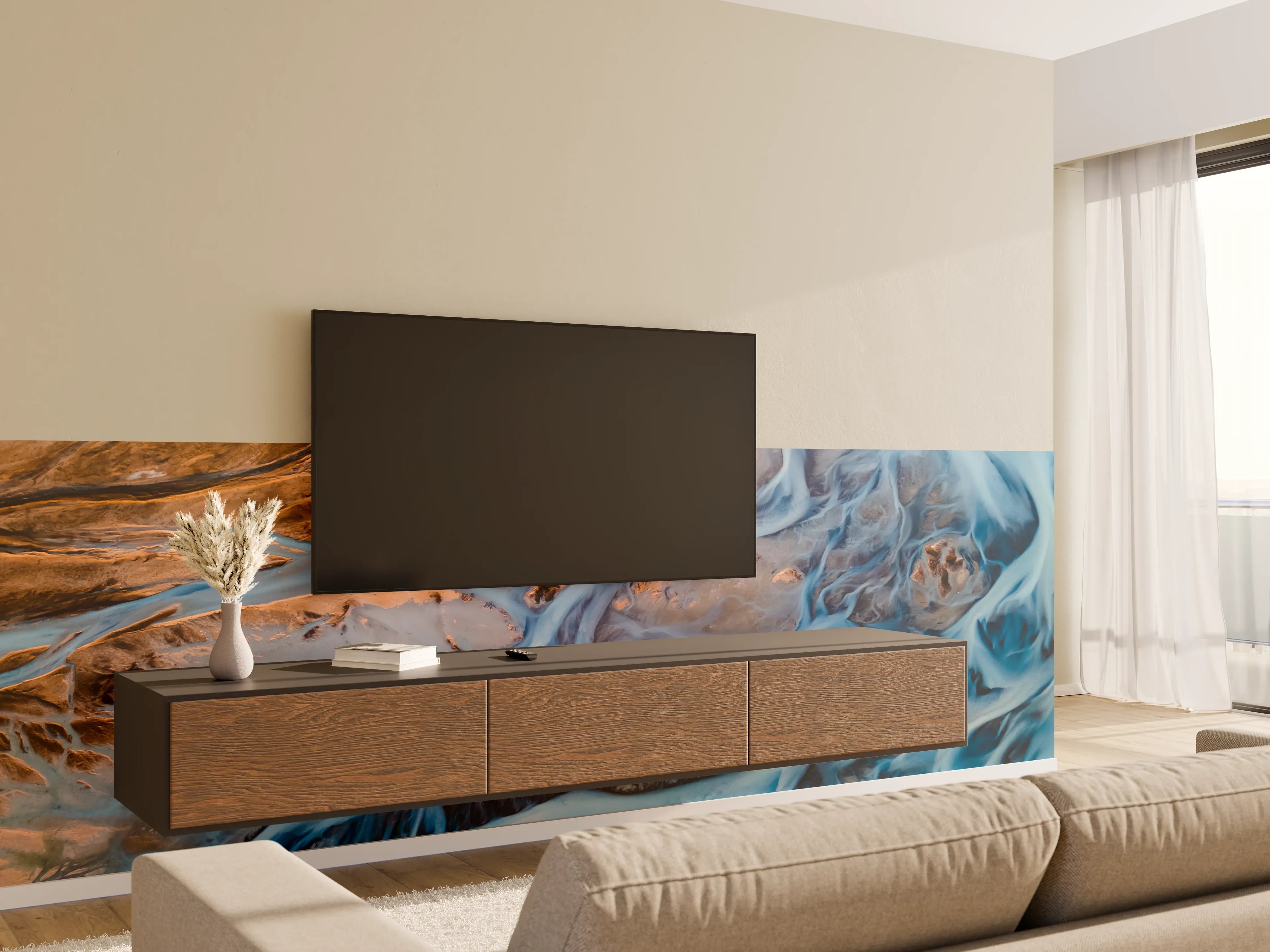 Wandverkleidung Wohnzimmer - Farbenfrohe Flusslandschaft mit Flussläufen