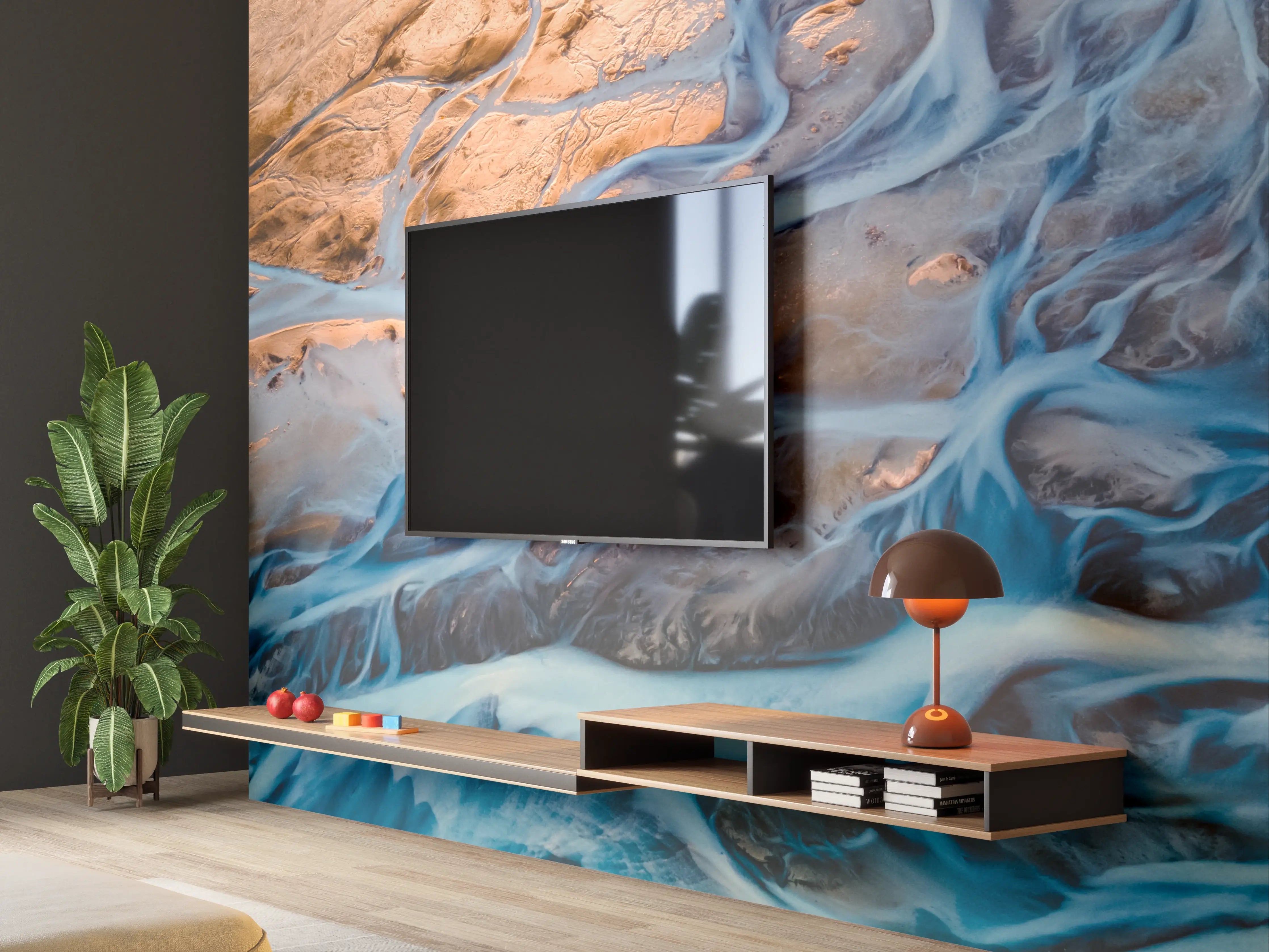 Wandverkleidung Wohnzimmer - Farbenfrohe Flusslandschaft mit Flussläufen
