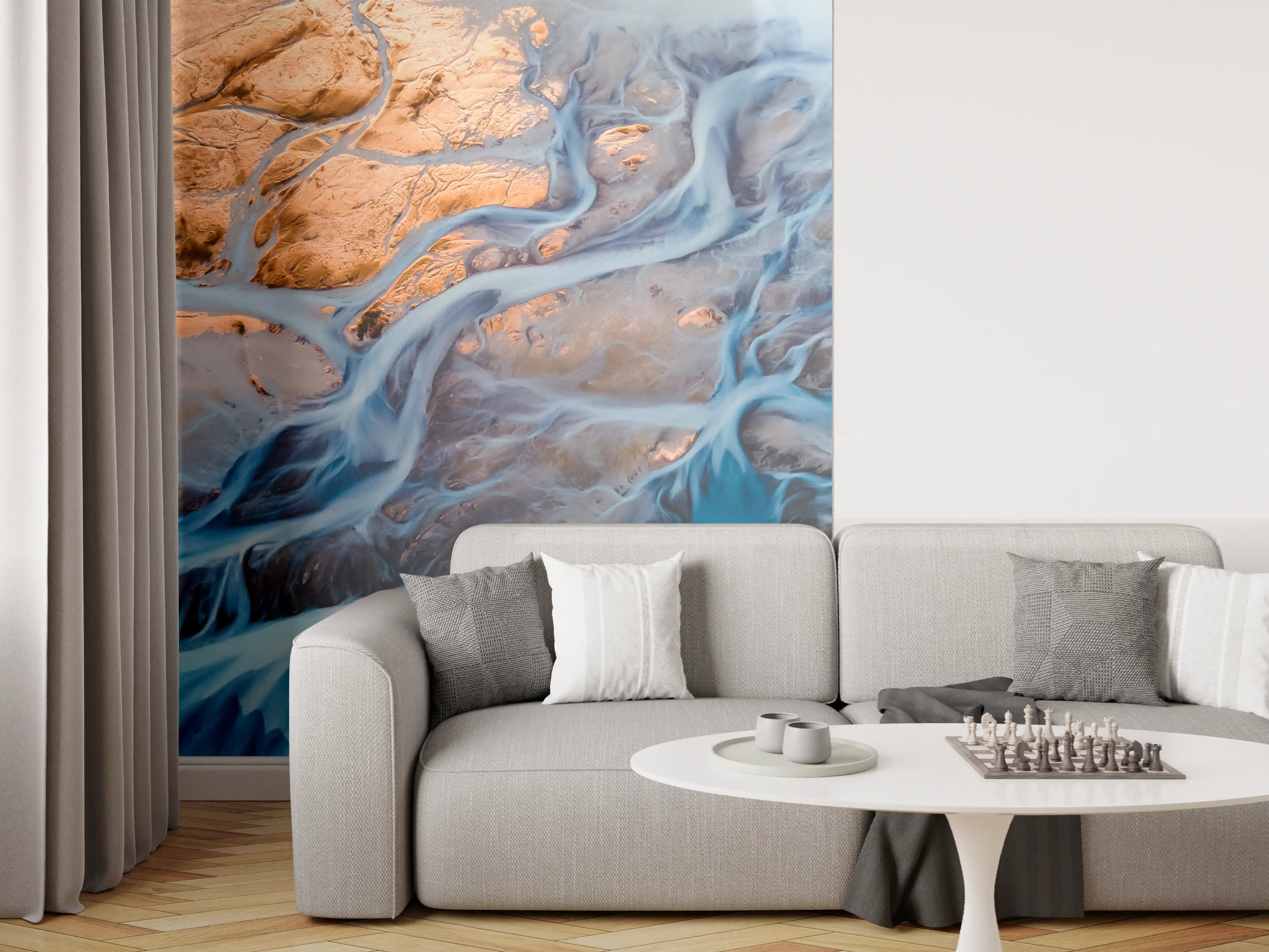 Wandverkleidung Wohnzimmer - Farbenfrohe Flusslandschaft mit Flussläufen