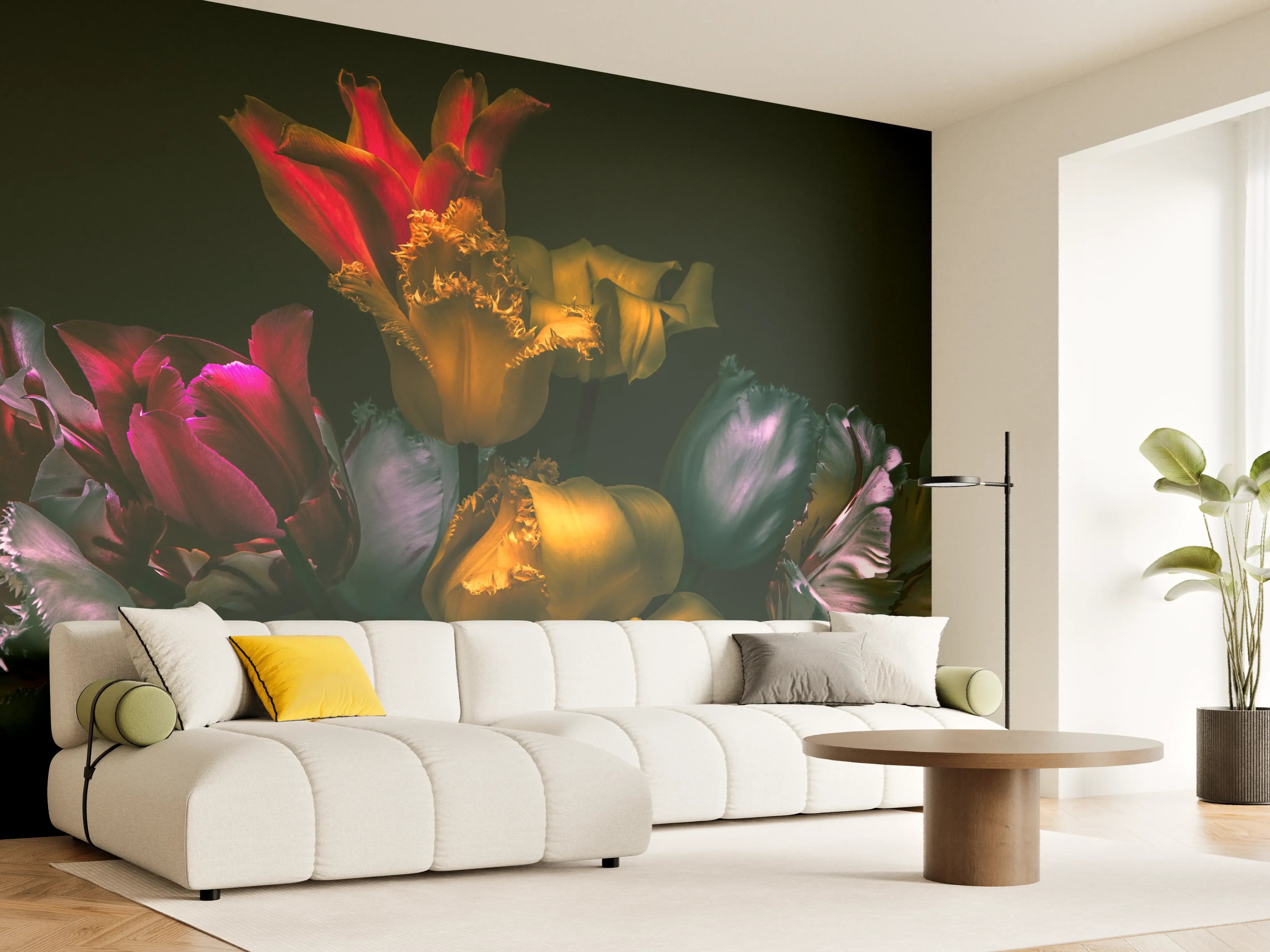 Wandverkleidung Wohnzimmer - Farbenfrohe Tulpen im Dunkeln