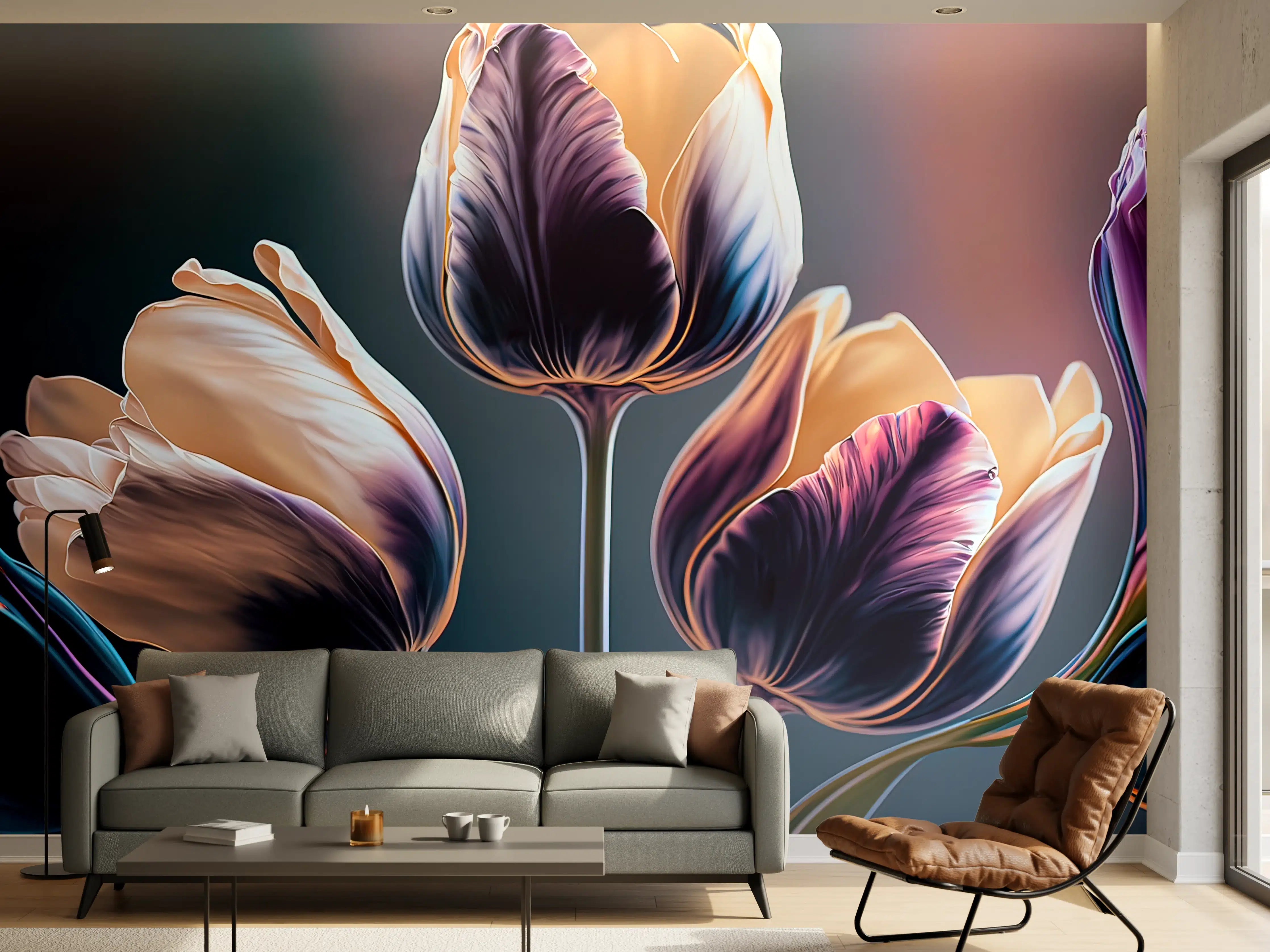 Wandverkleidung Wohnzimmer - Farbenfrohe Tulpen in Nahaufnahme